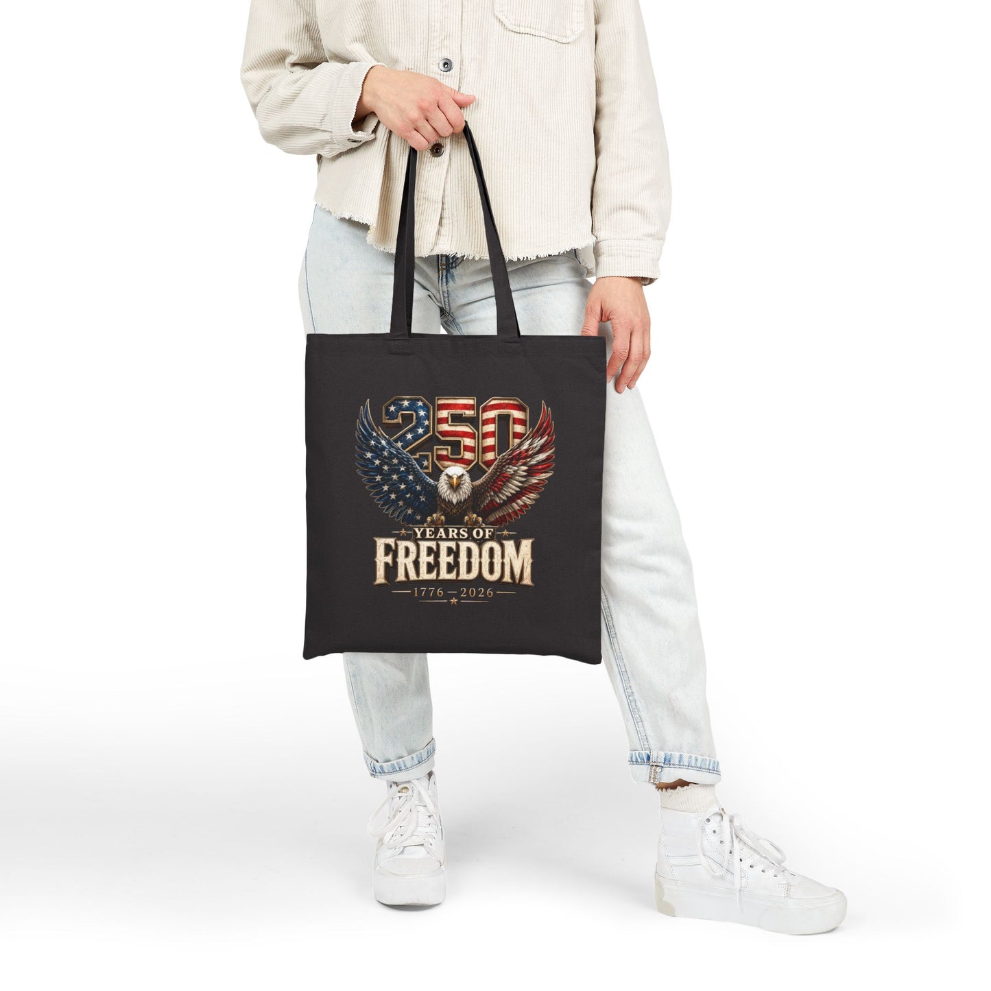 #250 250 Years of Freedom Eagle Patriotic American Flag Anniversary (1776–2026) Canvas Tote