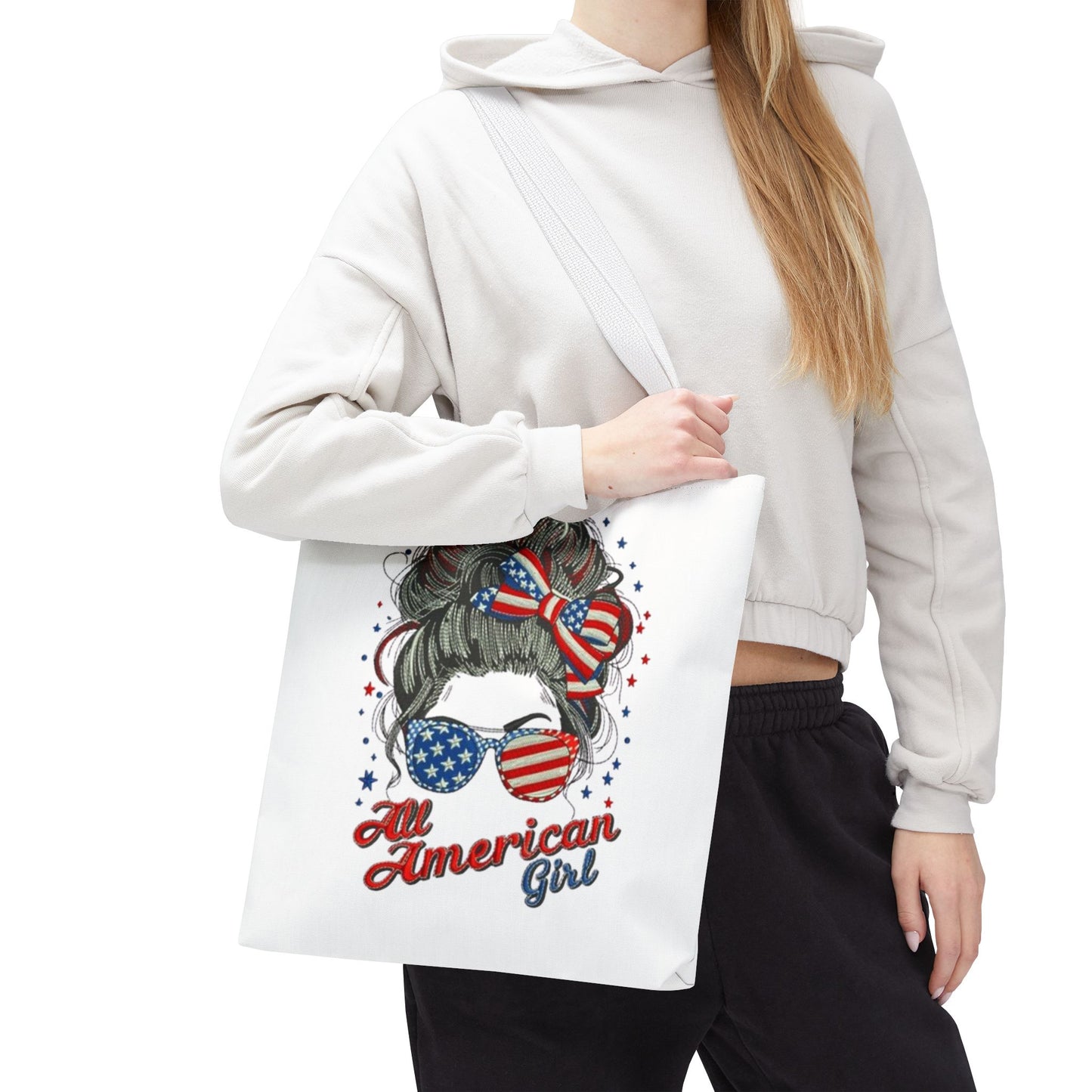 #250 "All American Girl" Patriotic Messy Bun Tote Bag