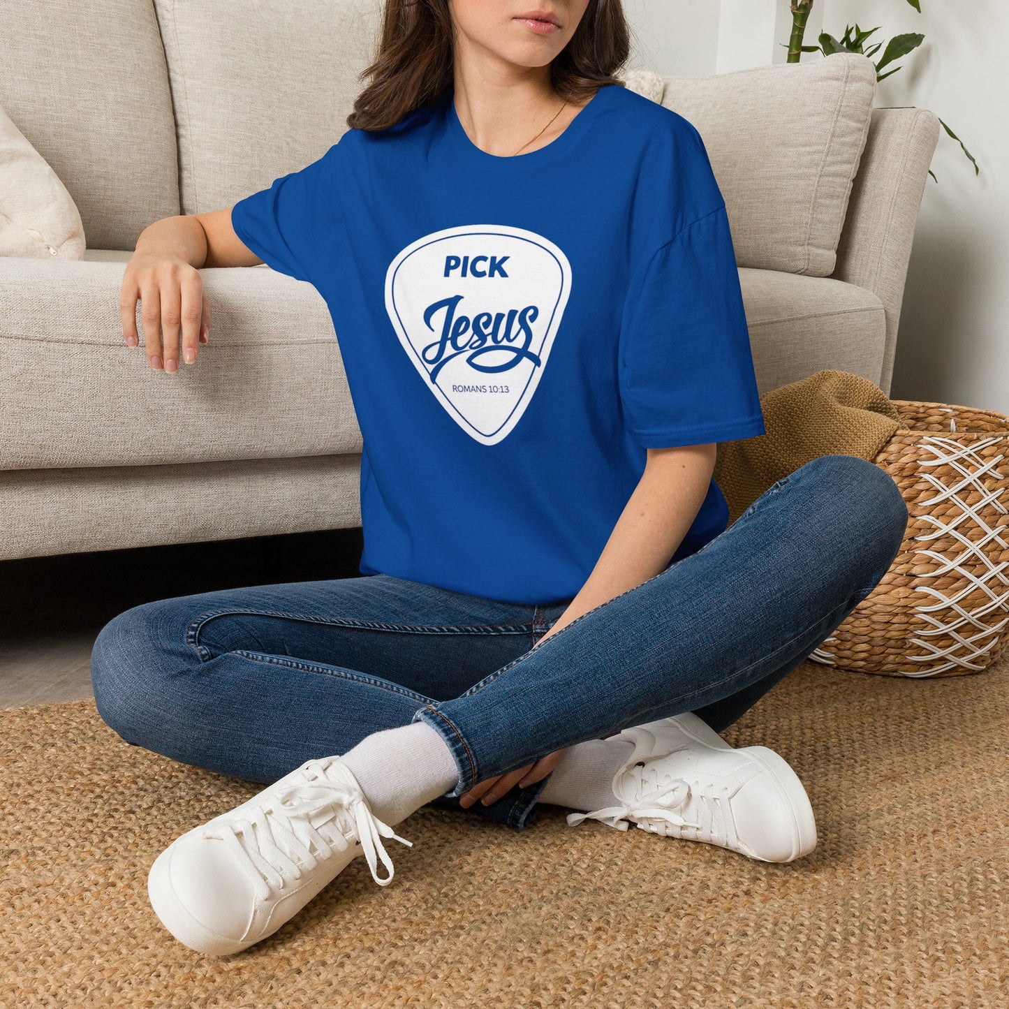 Pick Jesus T-Shirt — Christian Guitar Pick Design (Romans 10:13)