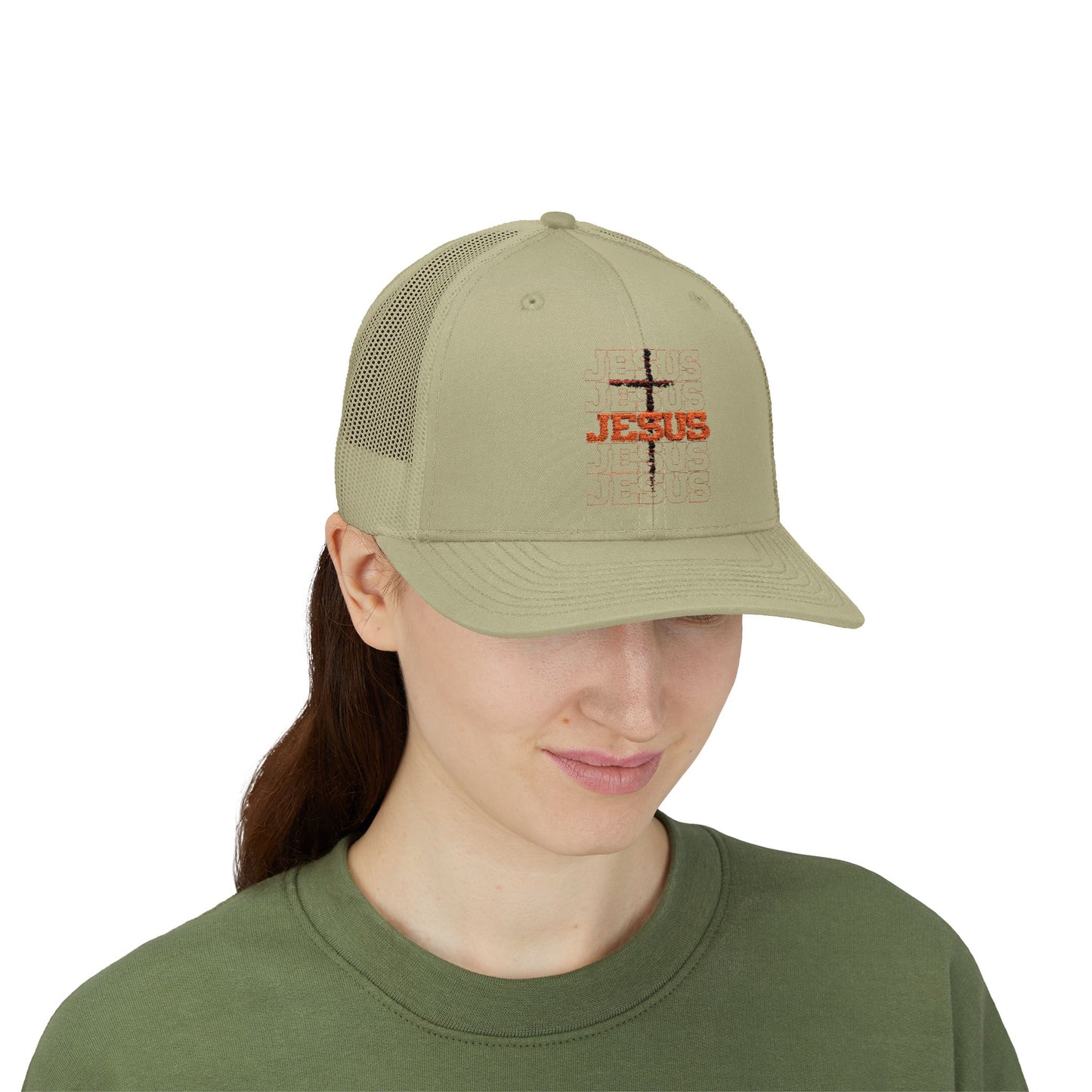 Jesus Cross Red Text Black Cross Graphic Trucker Cap — Faith-Based Snapback Hat