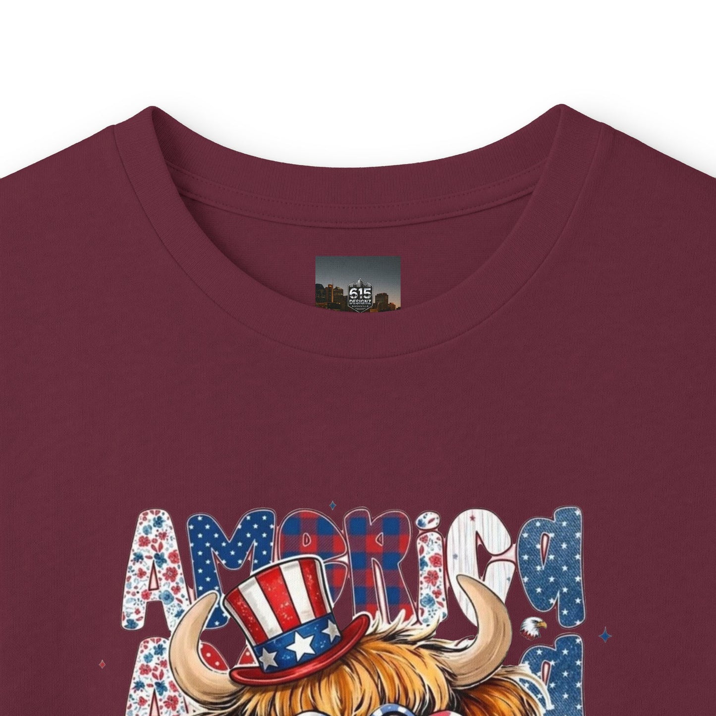 #250 American Flag Bubblegum Patriotic Highland Cow Long Sleeve Tee