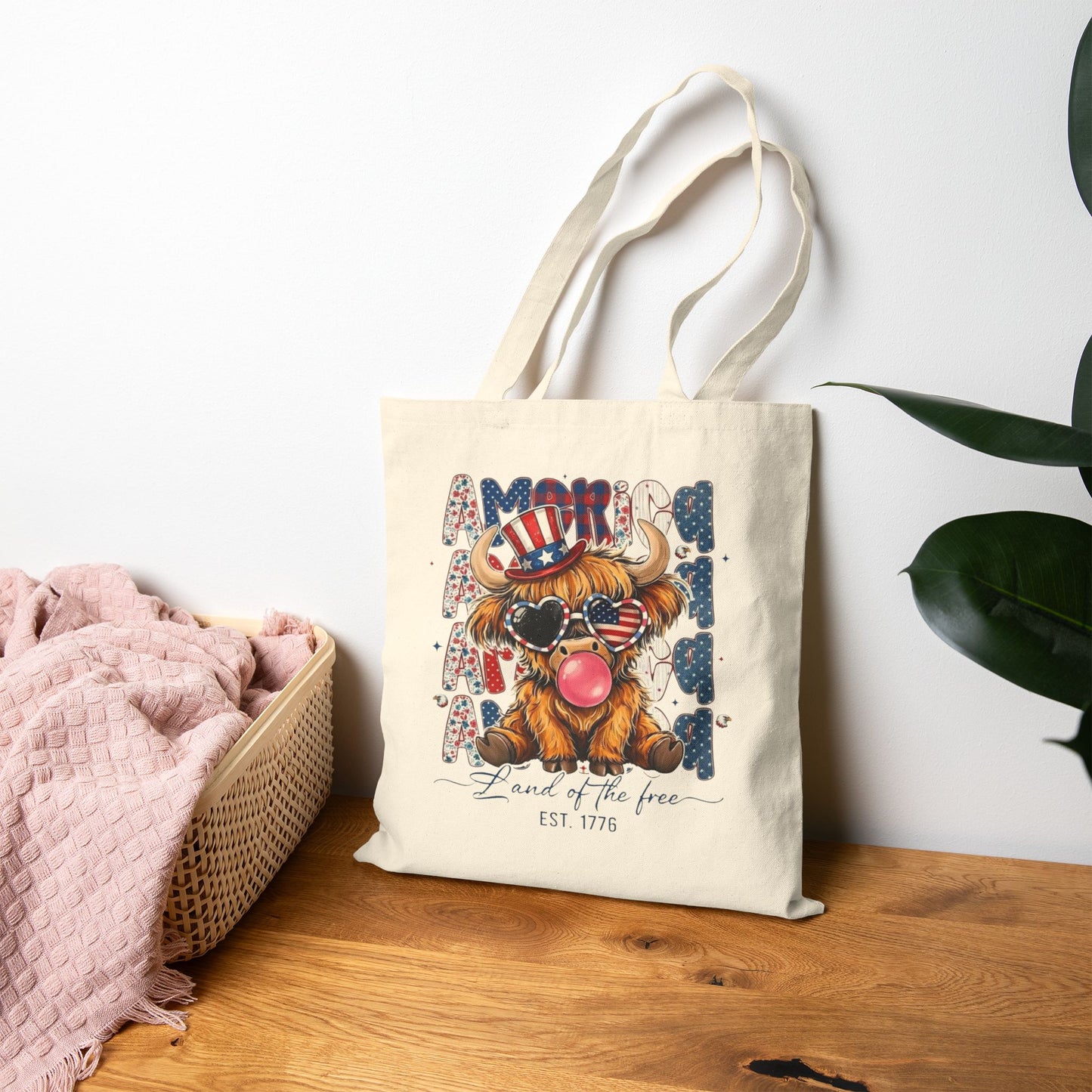 #250 American Flag Bubblegum Patriotic Highland Cow Canvas Tote Bag
