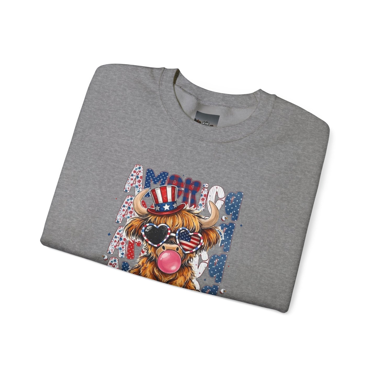 #250 American Flag Bubblegum Patriotic Highland Cow Sweatshirt