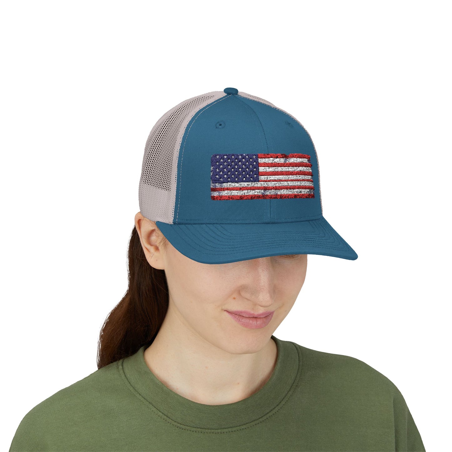 #250 Distressed American Flag Snapback Trucker Cap