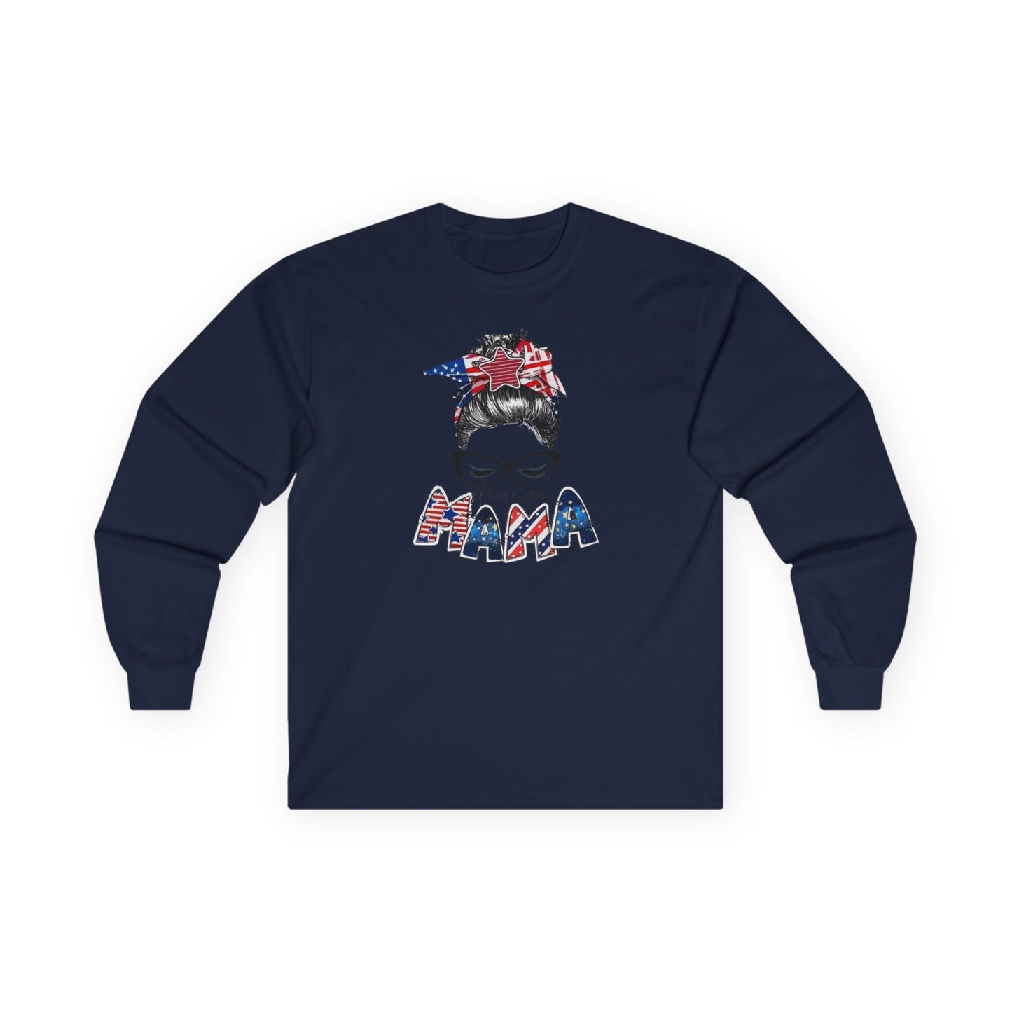 #250 Mama USA Flag Messy Bunn Long Sleeve Tee