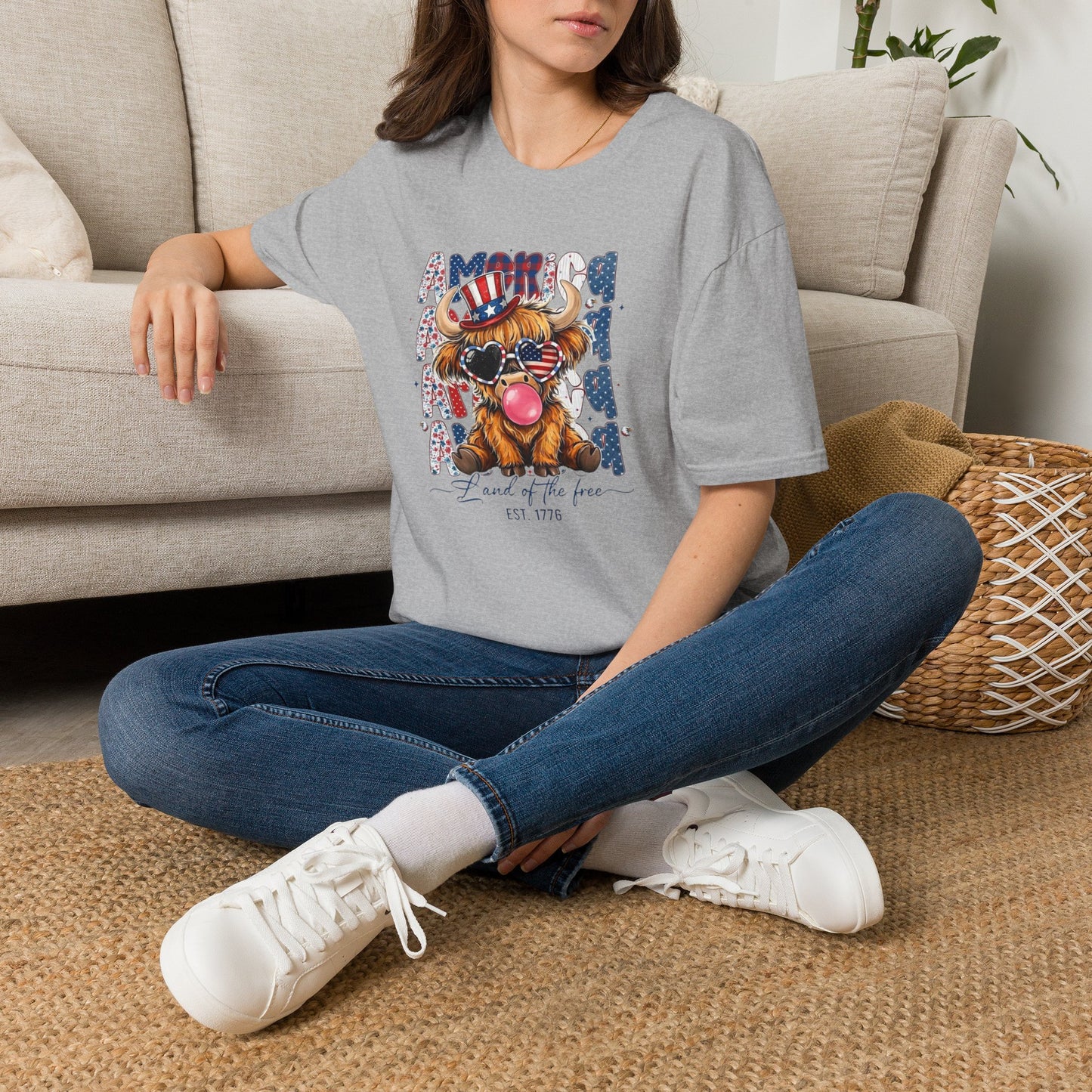 #250 American Flag Bubblegum Patriotic Highland Cow T-Shirt