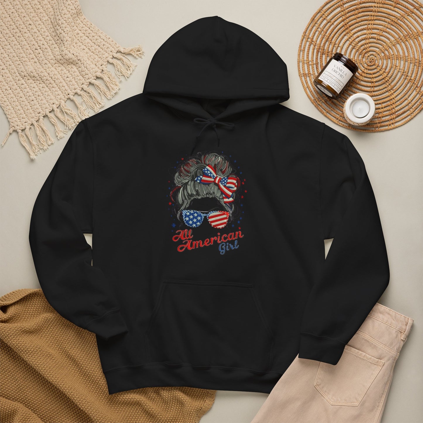 #250 "All American Girl" Patriotic Messy Bun Hoodie