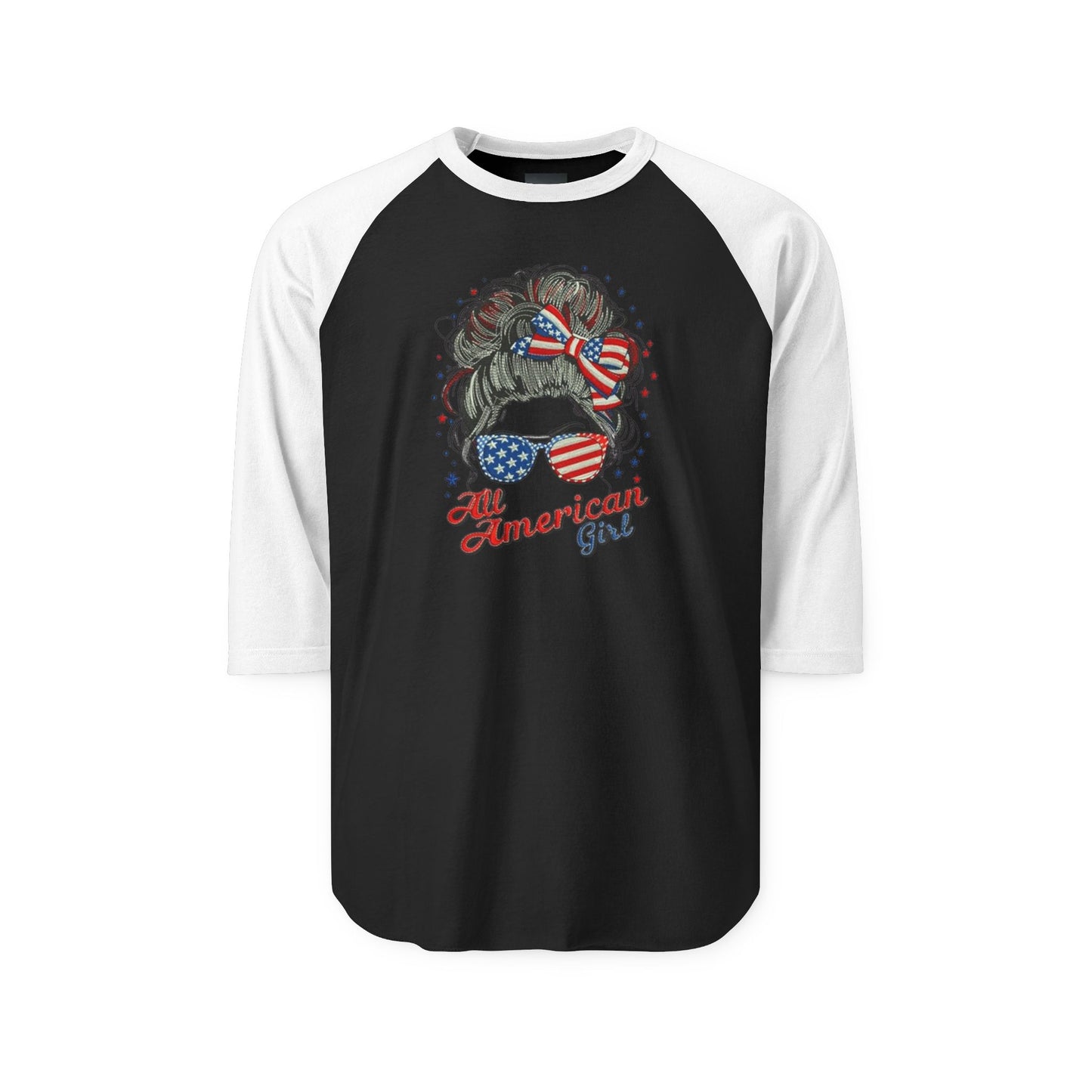 #250 "All American Girl" Patriotic Messy Bun Raglan 3/4 Sleeve Baseball Tee