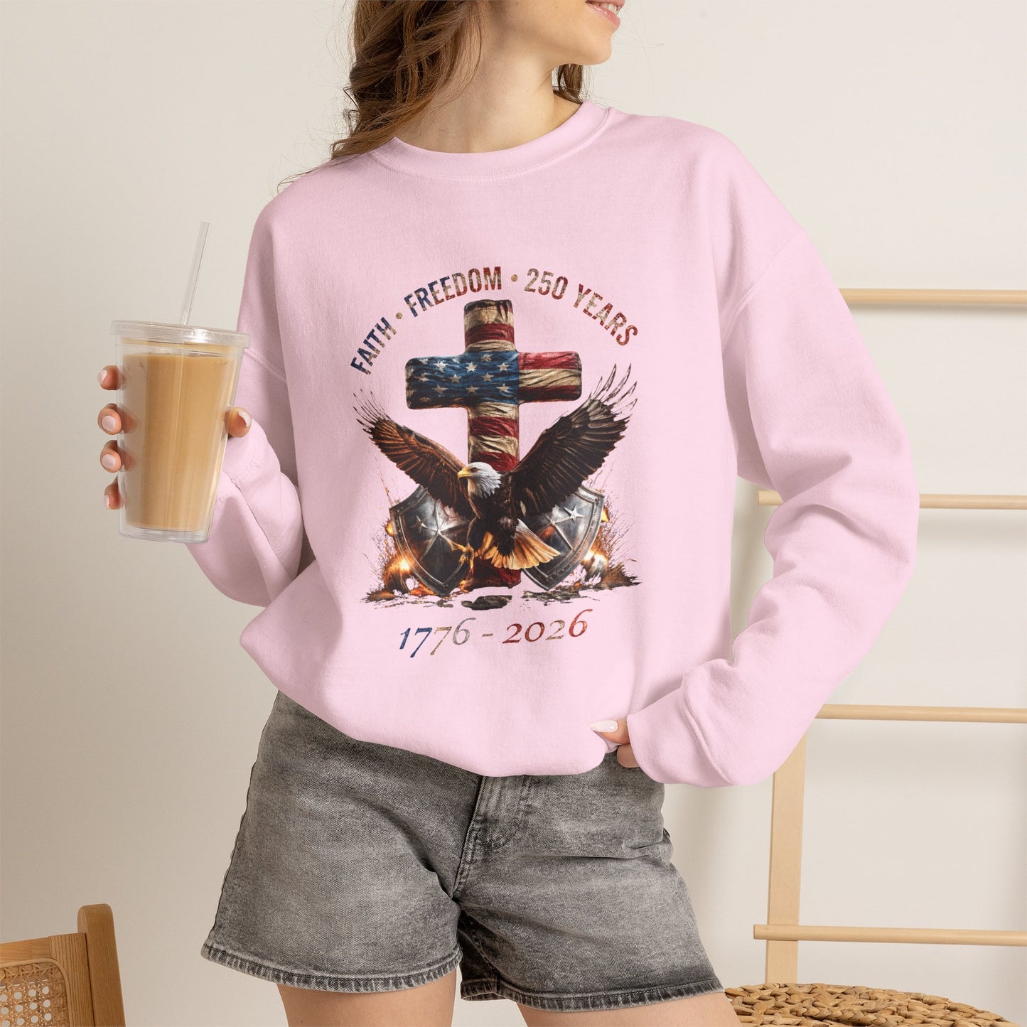 #250 Faith • Freedom 250 Years American Flag Cross & Eagle 1776-2026 Crewneck Sweatshirt