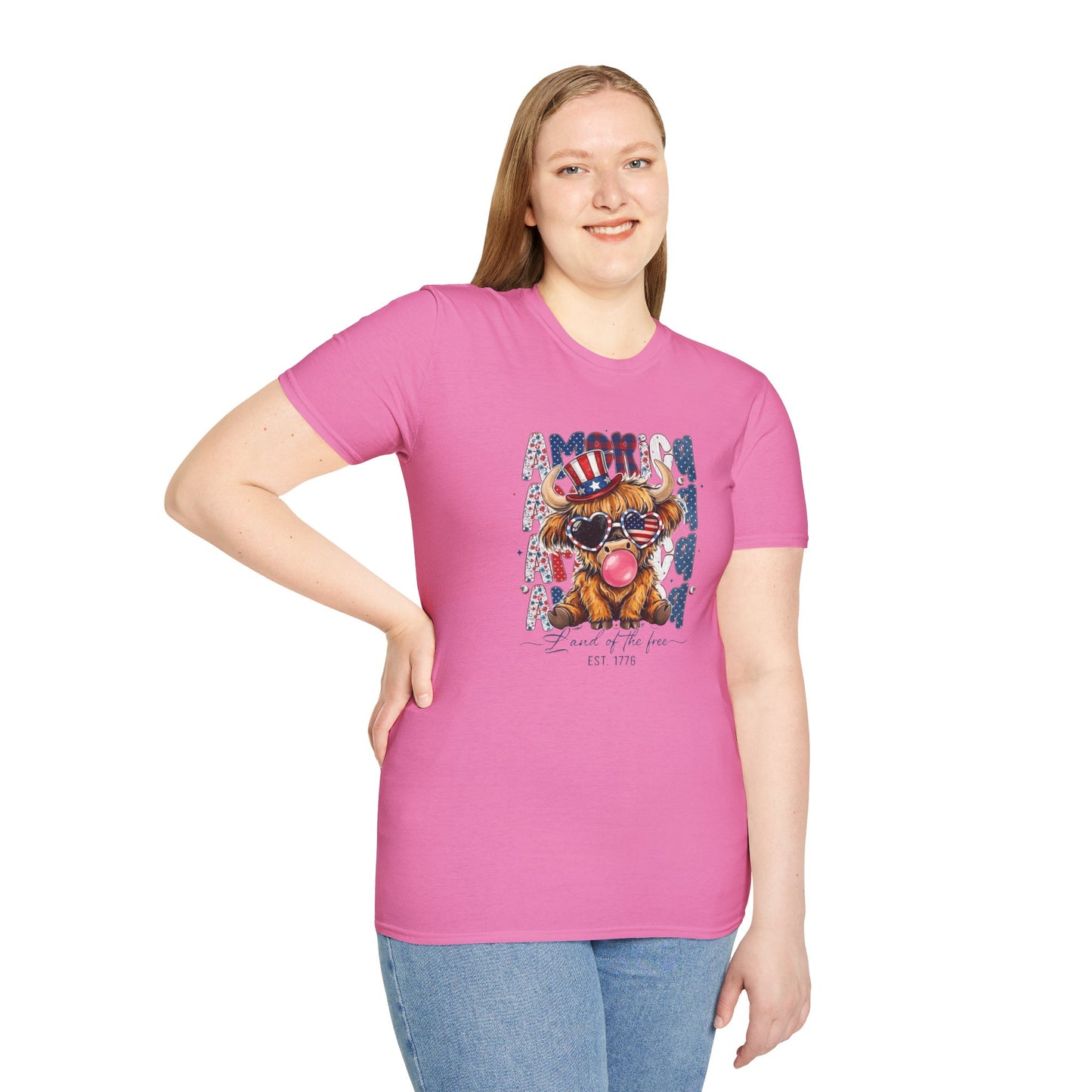 #250 American Flag Bubblegum Patriotic Highland Cow T-Shirt