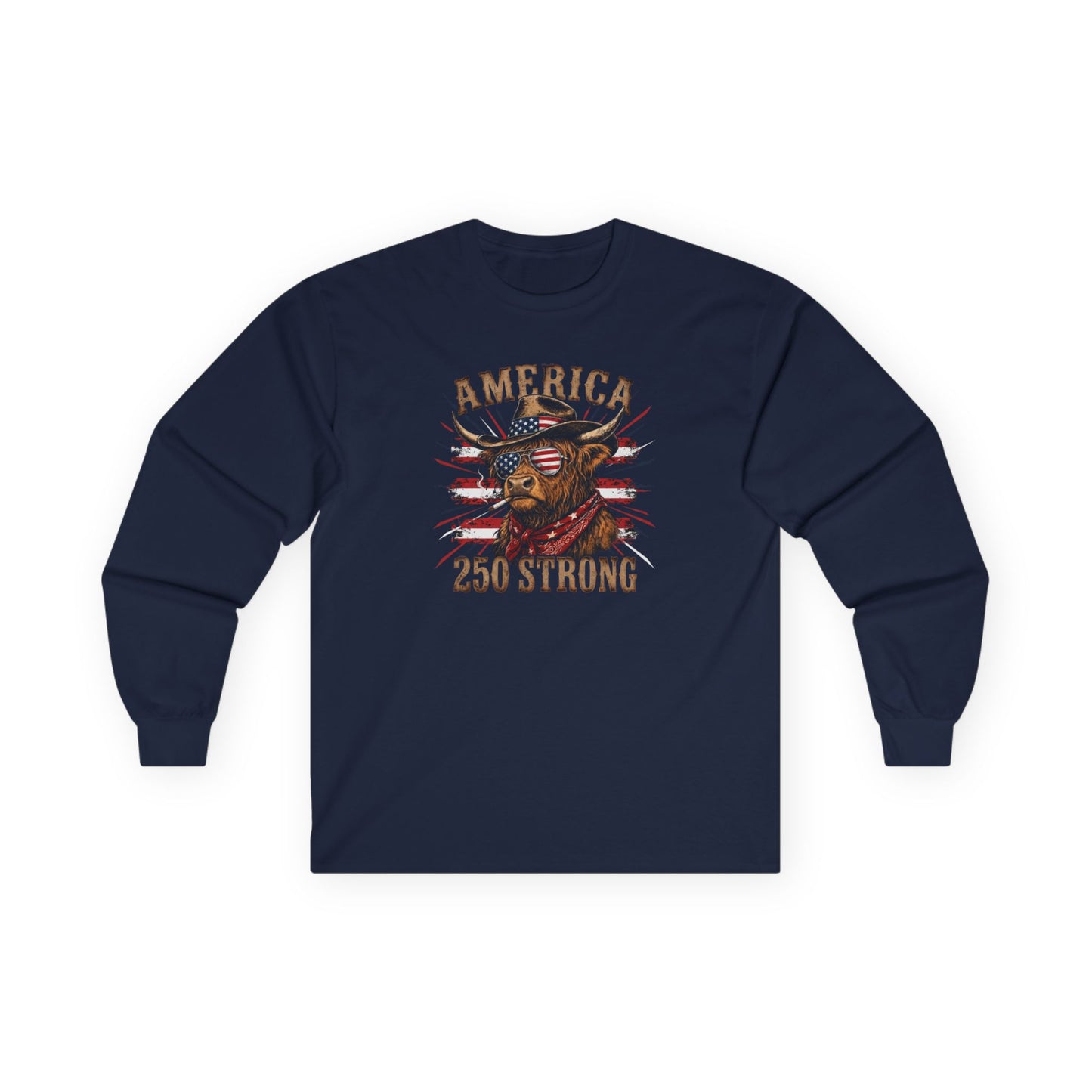 #250 America 250 Strong Patriotic Bull with American Flag Long Sleeve Tee