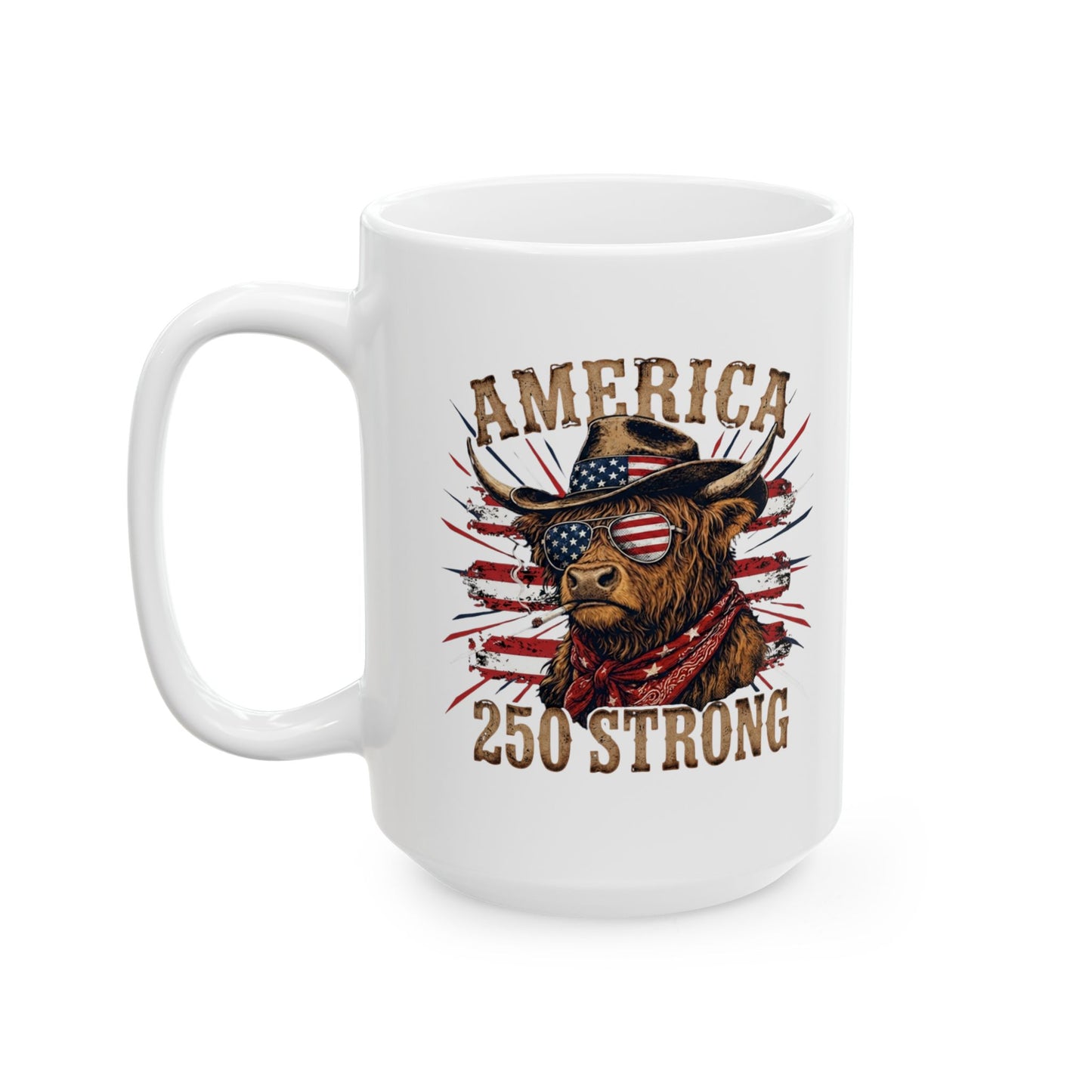 #250 America 250 Strong Patriotic Bull with American Flag Ceramic Mug - 11oz & 15oz