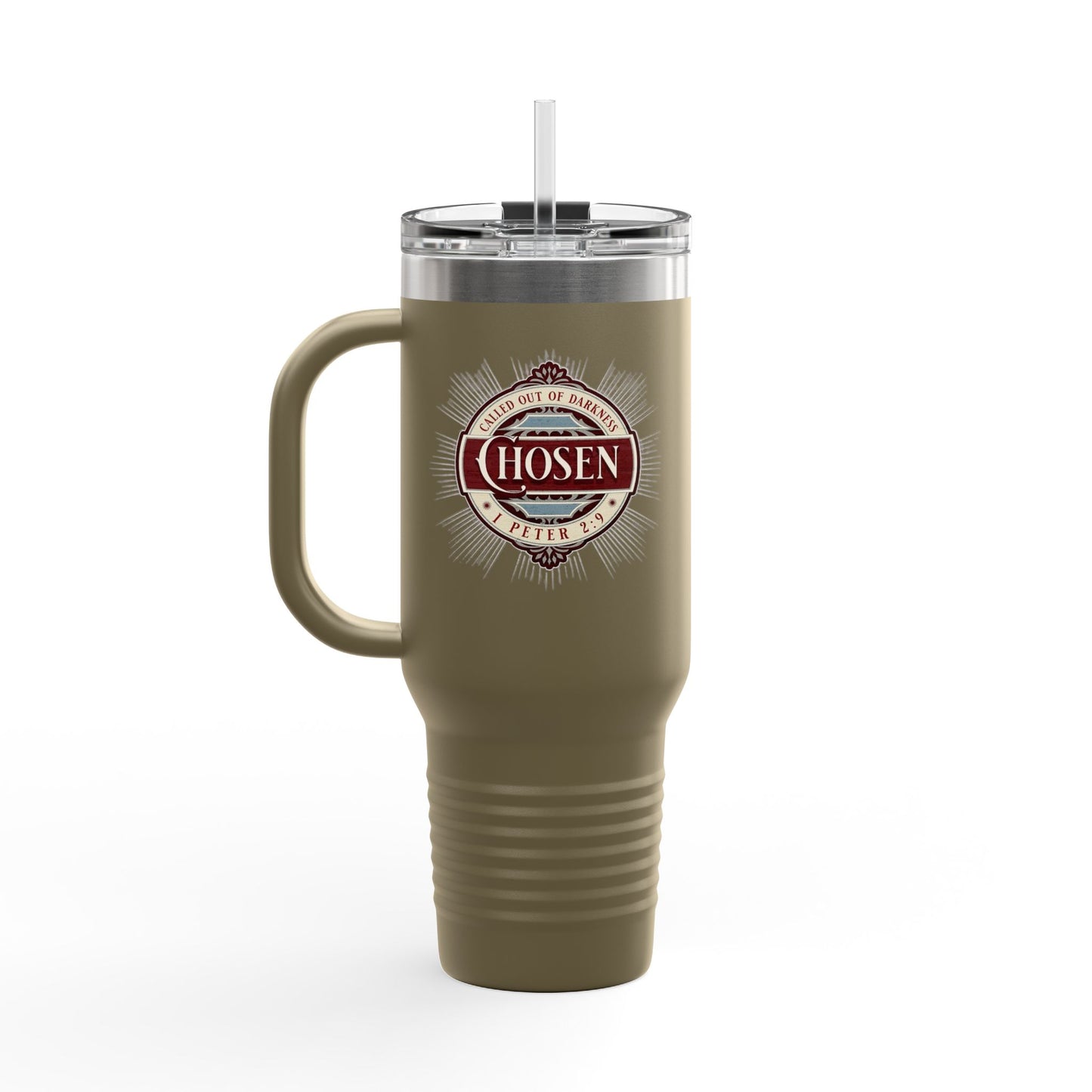 Chosen 40oz Insulated Travel Mug – "Called Out of Darkness" Faith Tumbler with Handle, Vacuum-Sealed