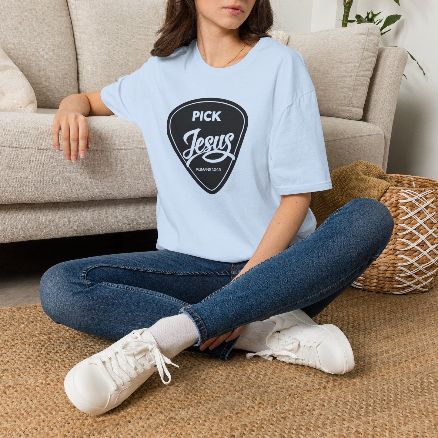 Pick Jesus T-Shirt — Christian Guitar Pick Design (Romans 10:13)