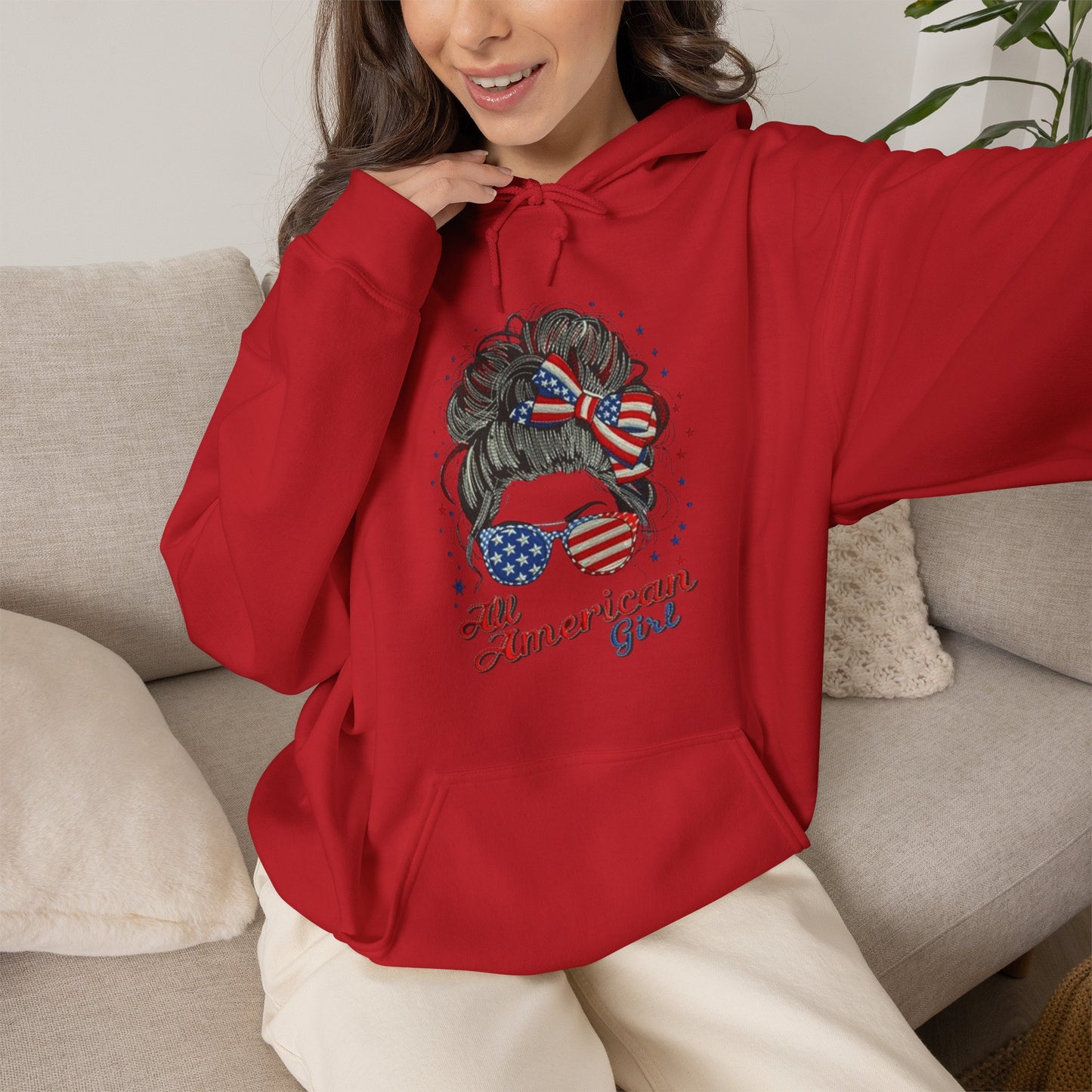 #250 "All American Girl" Patriotic Messy Bun Hoodie
