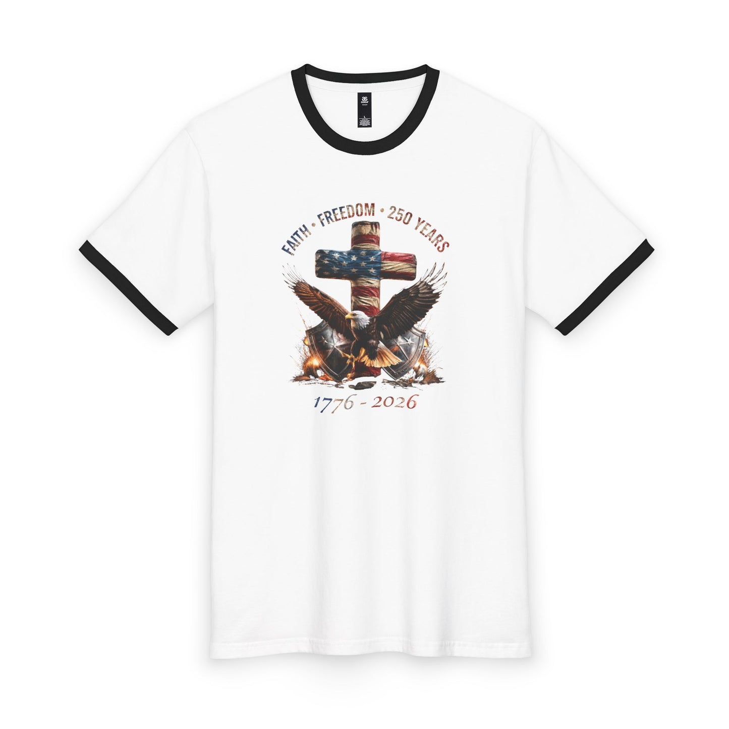 #250 Faith • Freedom 250 Years American Flag Cross & Eagle 1776-2026 Ringer Tee