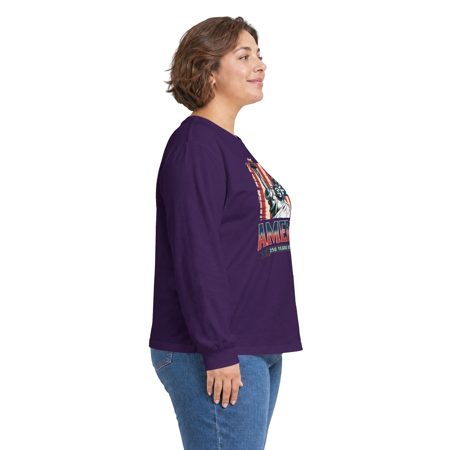 #250 Statue of Liberty American Flag 'America' Patriotic Independence Day Long Sleeve Tee