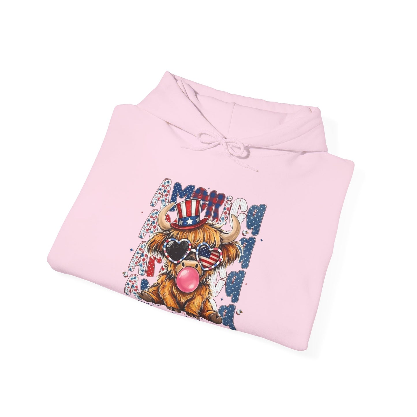 #250 American Flag Bubblegum Patriotic Highland Cow Hoodie