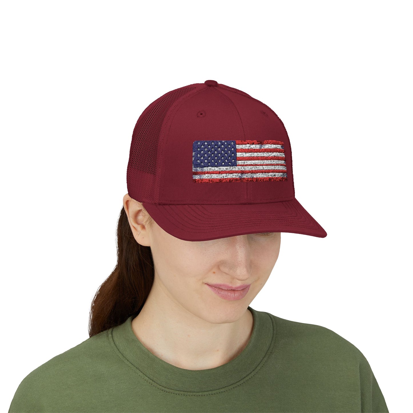 #250 Distressed American Flag Snapback Trucker Cap