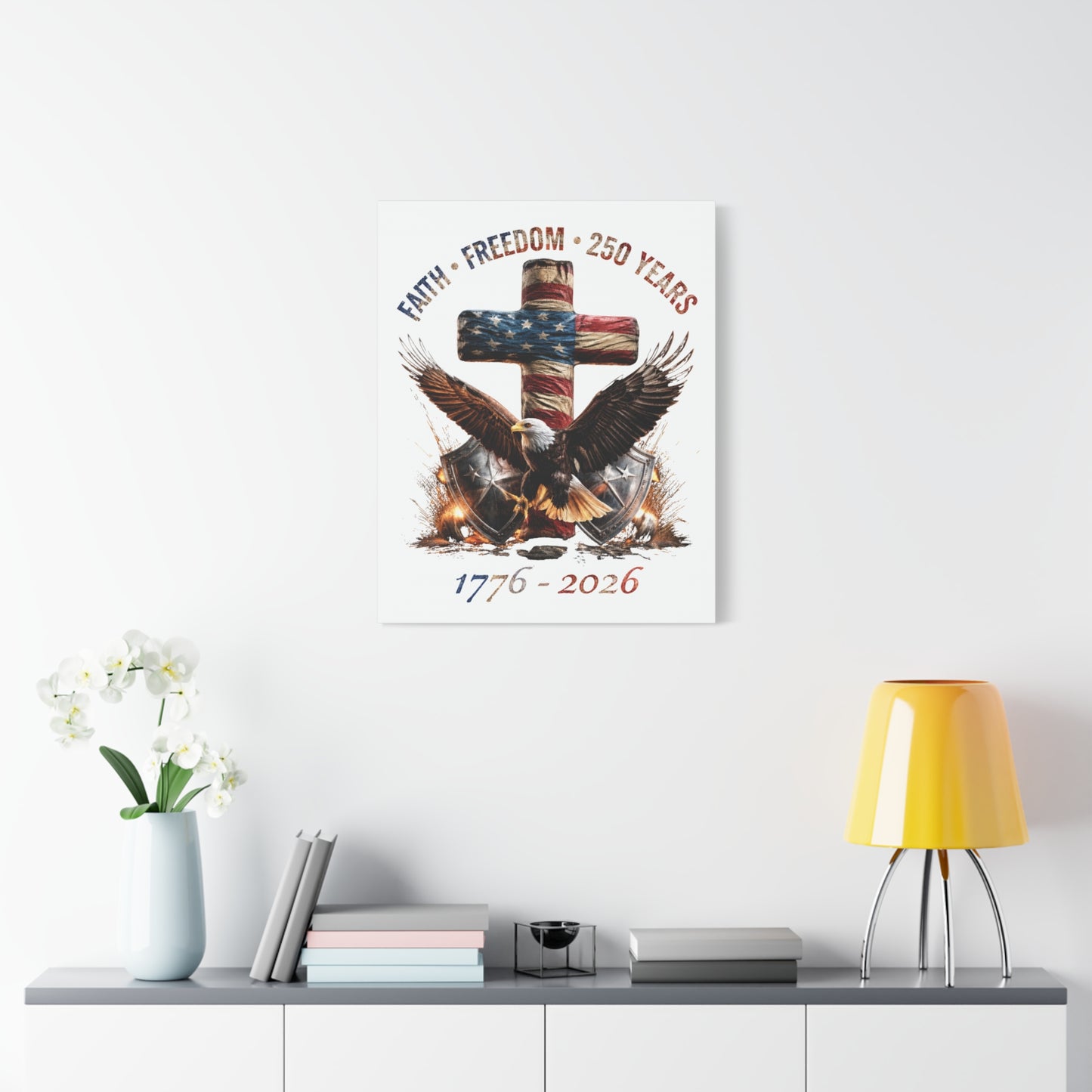 #250 Faith • Freedom 250 Years American Flag Cross & Eagle 1776-2026 Matte Canvas Wall Art