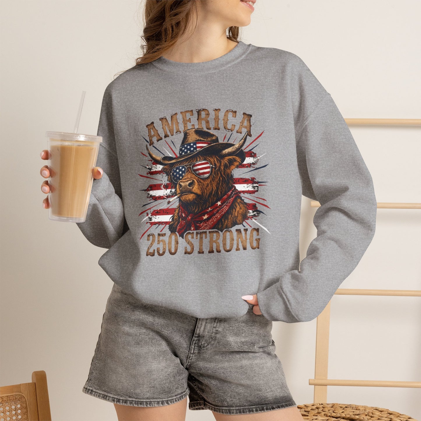 #250 America 250 Strong Patriotic Bull with American Flag Sweatshirt