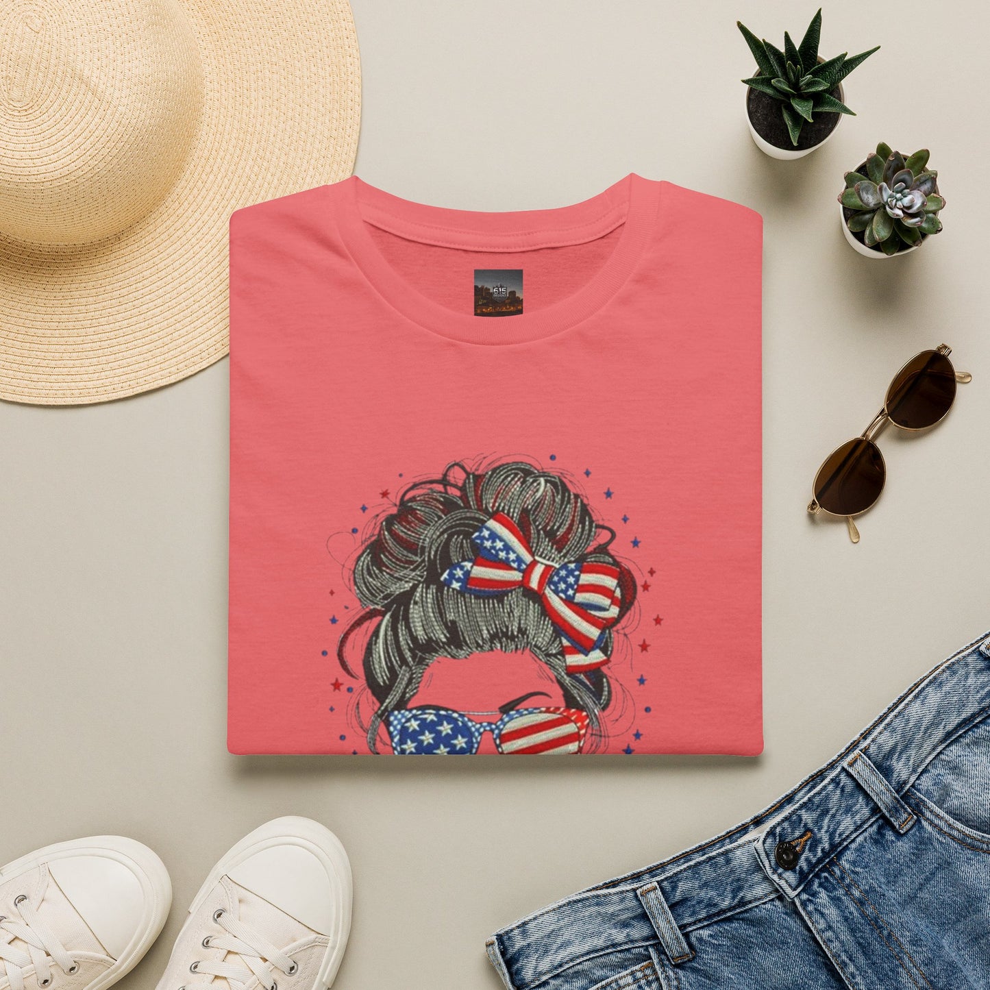 #250 "All American Girl" Patriotic Messy Bun T-Shirt