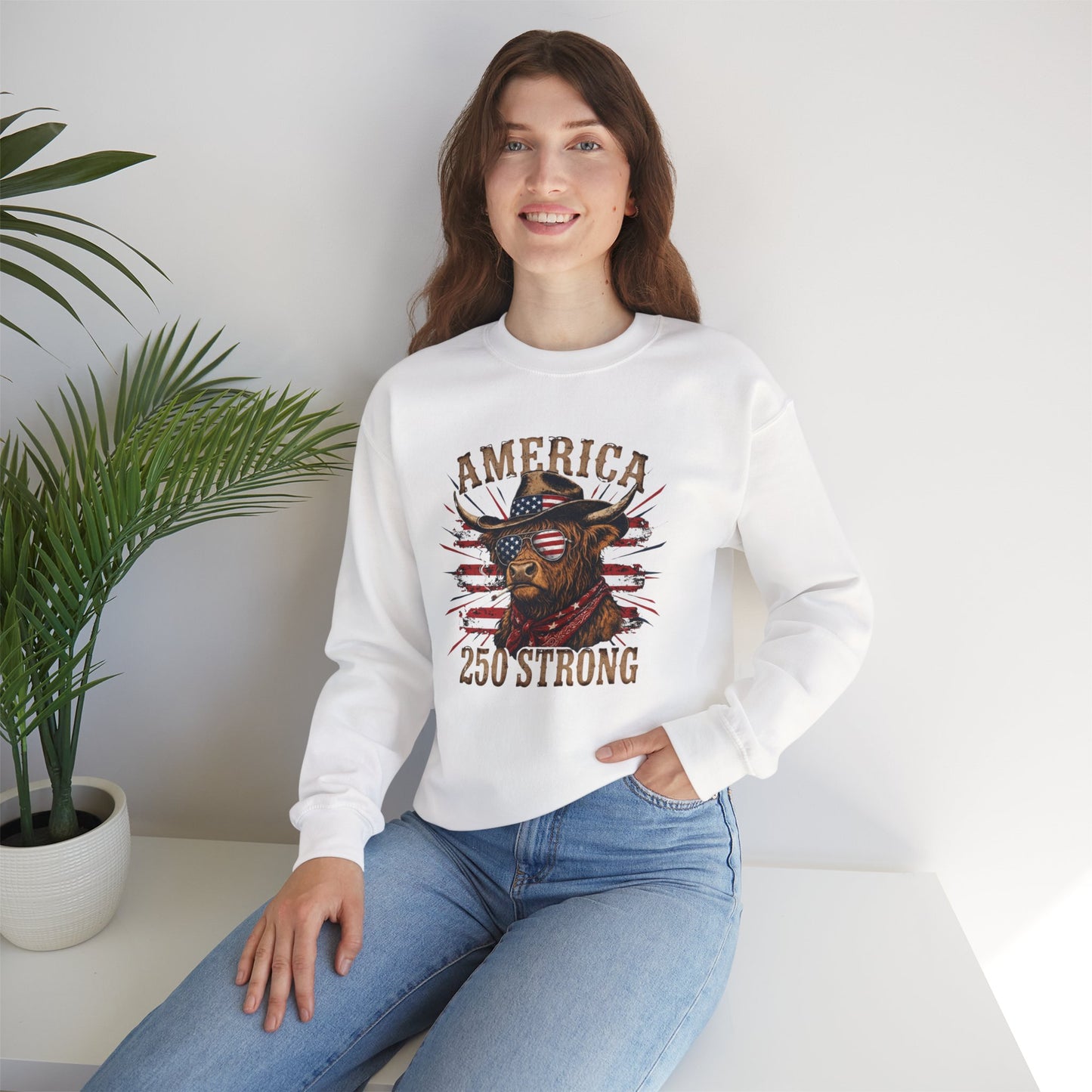 #250 America 250 Strong Patriotic Bull with American Flag Sweatshirt
