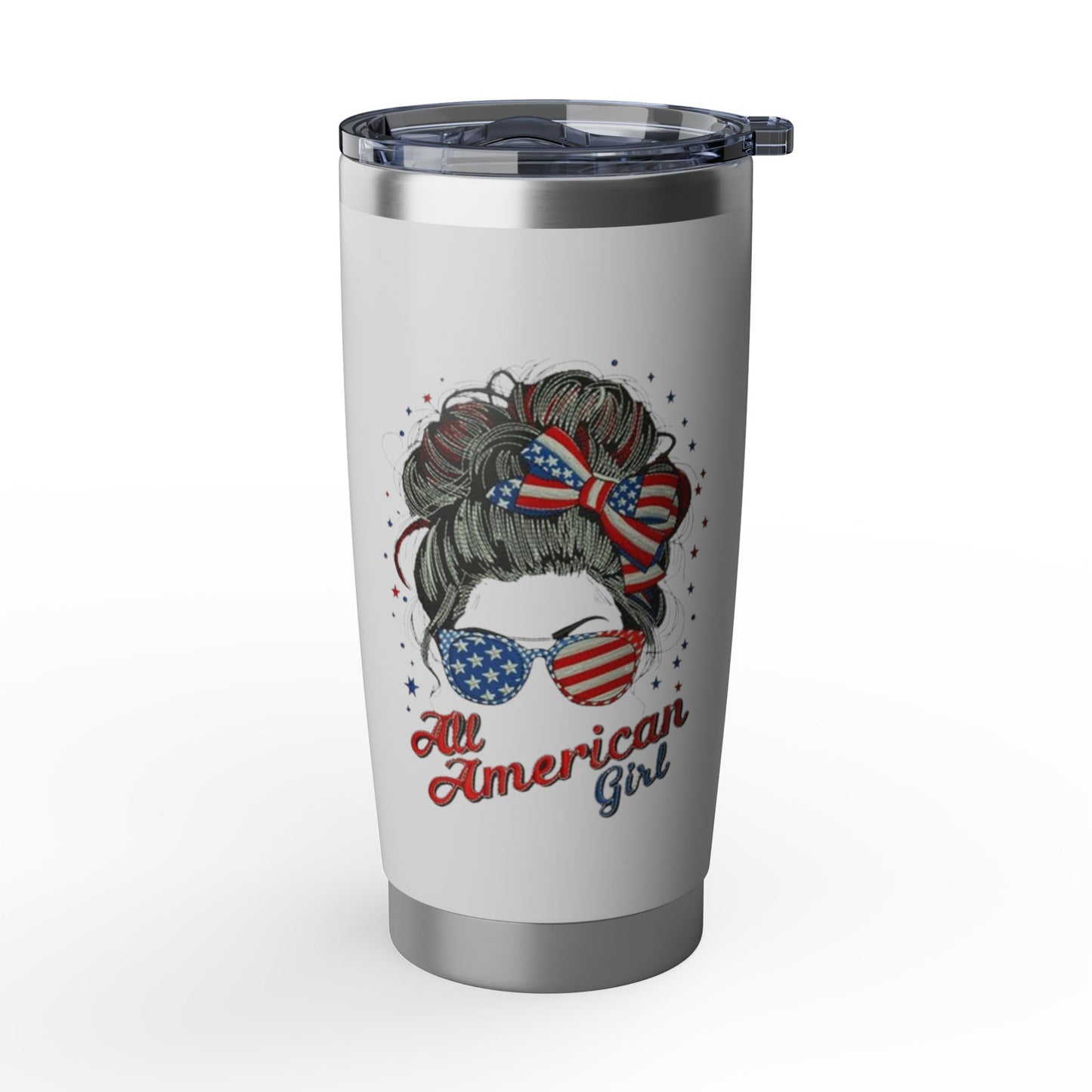 #250 "All American Girl" Patriotic Messy Bun 20oz Stainless Travel Tumbler 'Vagabond'