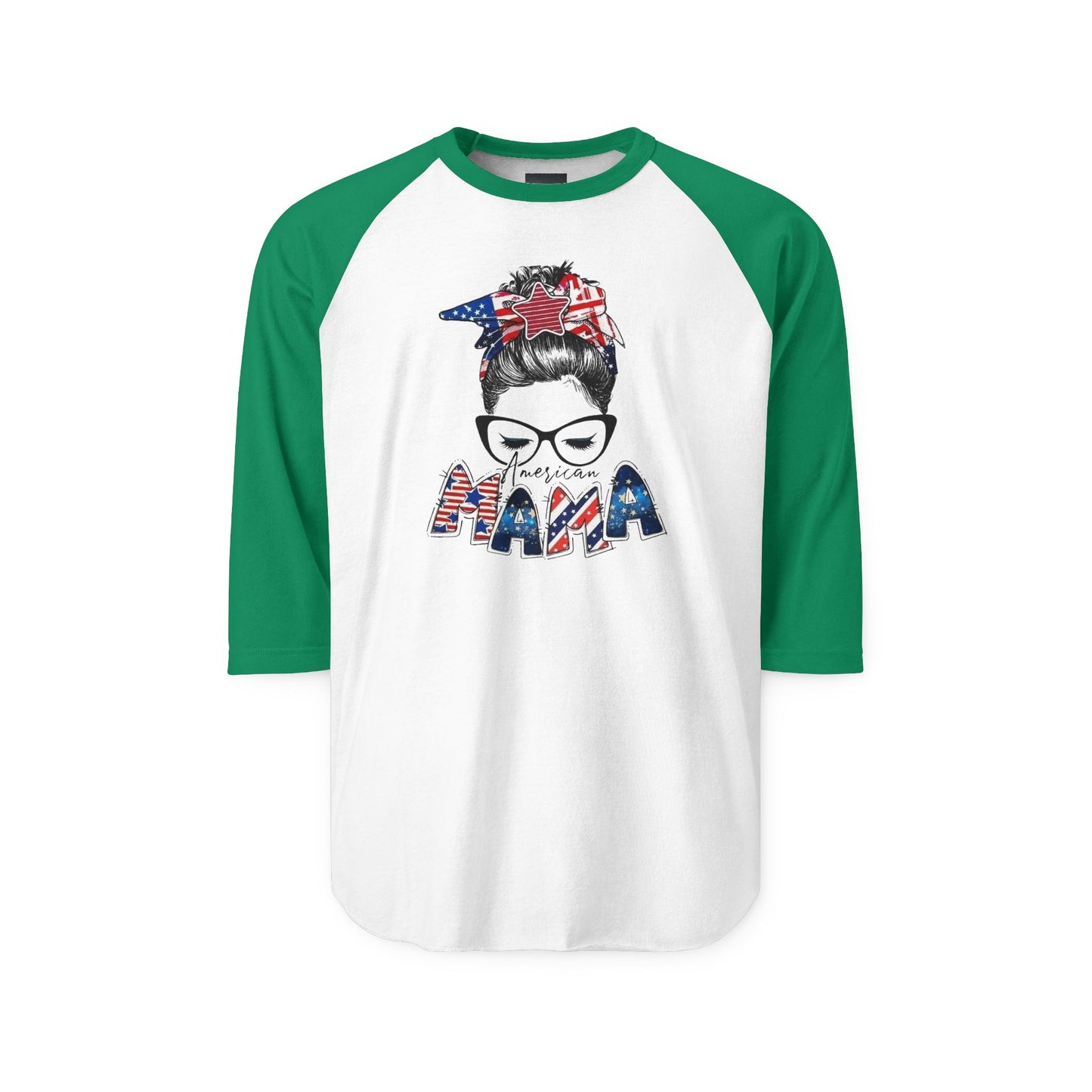 #250 Mama USA Flag Messy Bun Raglan 3/4 Sleeve Baseball Tee
