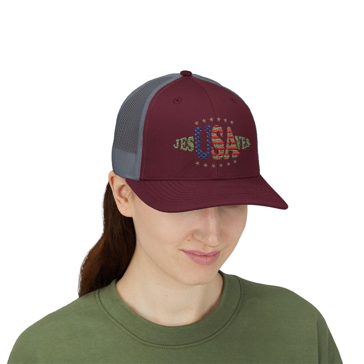 JesUSAves Patriotic Snapback Trucker Cap American Flag Christian Faith