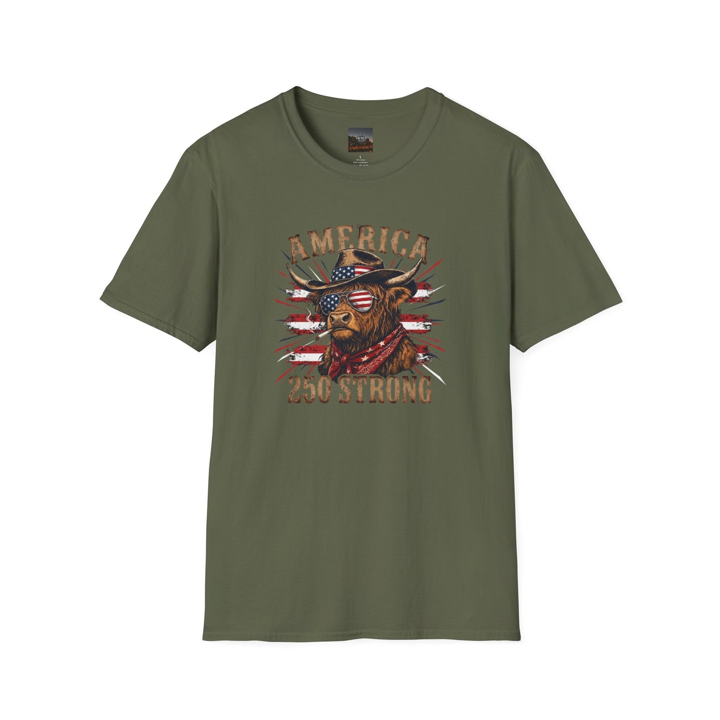 #250 America 250 Strong Patriotic Bull with American Flag T-Shirt