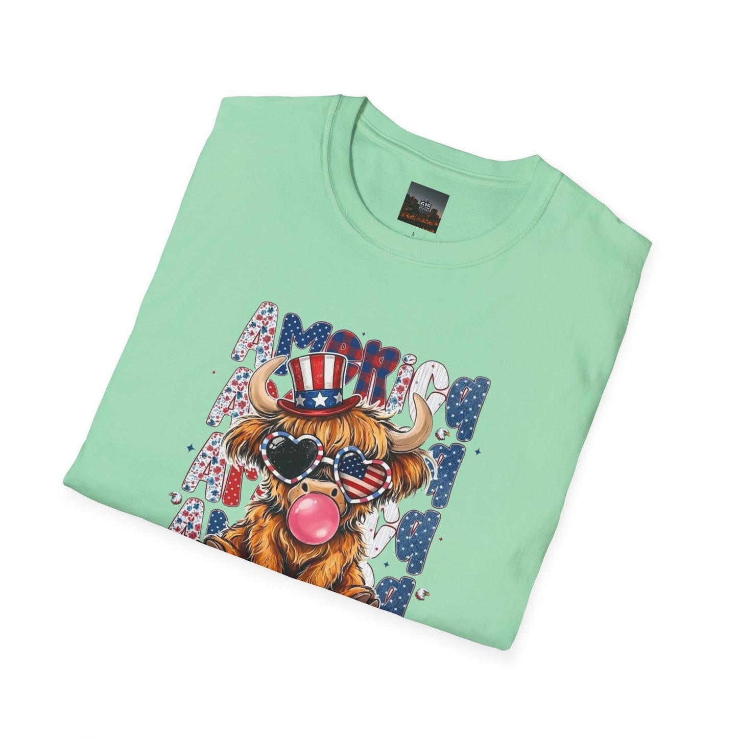 #250 American Flag Bubblegum Patriotic Highland Cow T-Shirt