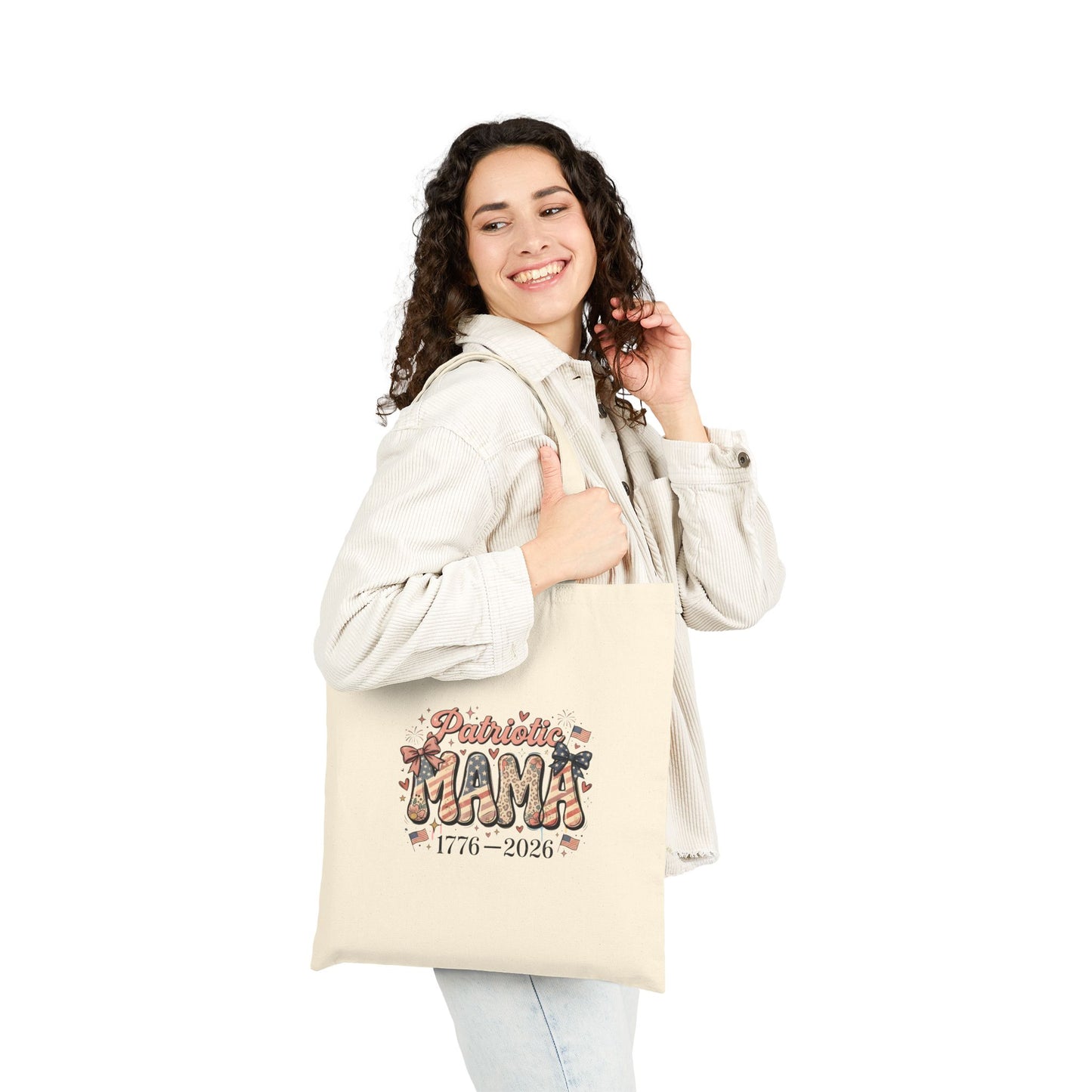 #250 Patriotic Mama 1776–2026 American Flag Canvas Tote Bag
