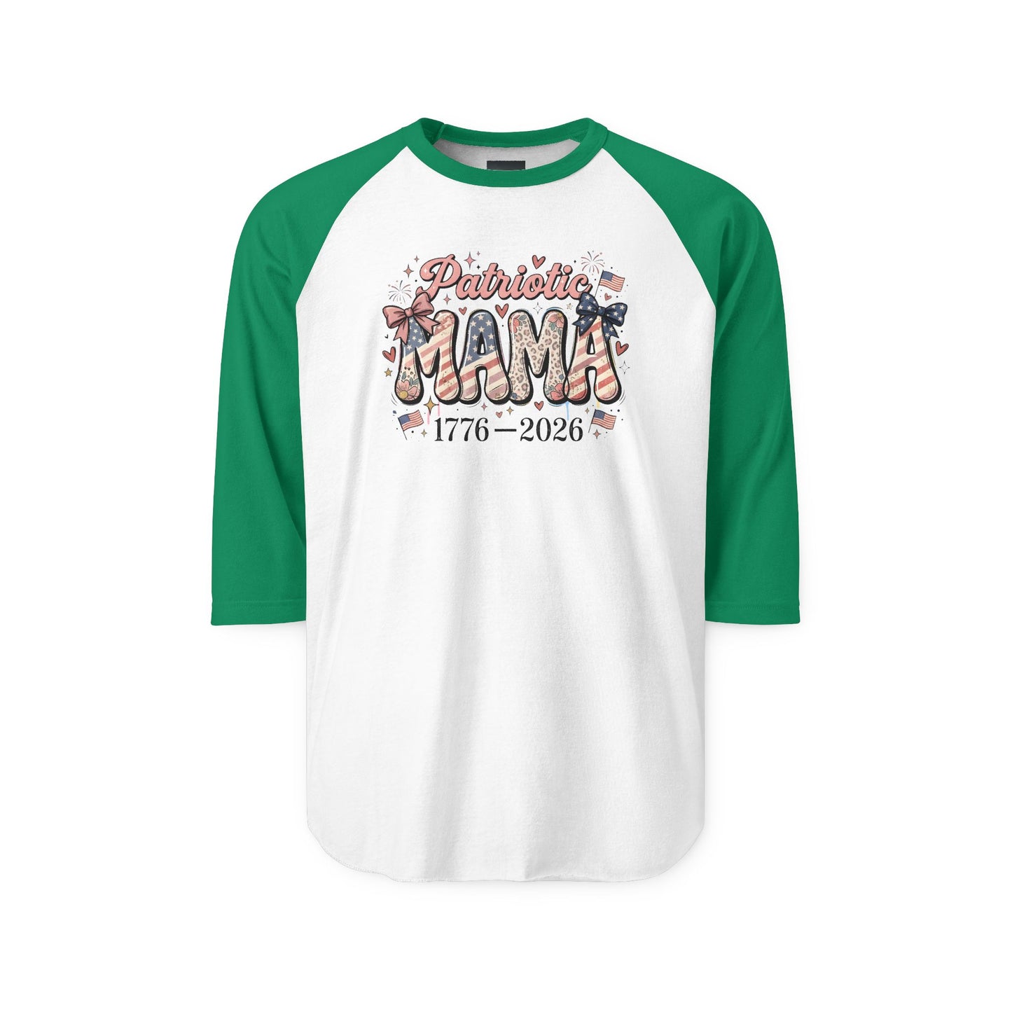#250 Patriotic Mama 1776–2026 American Flag Raglan 3/4 Sleeve Baseball Tee
