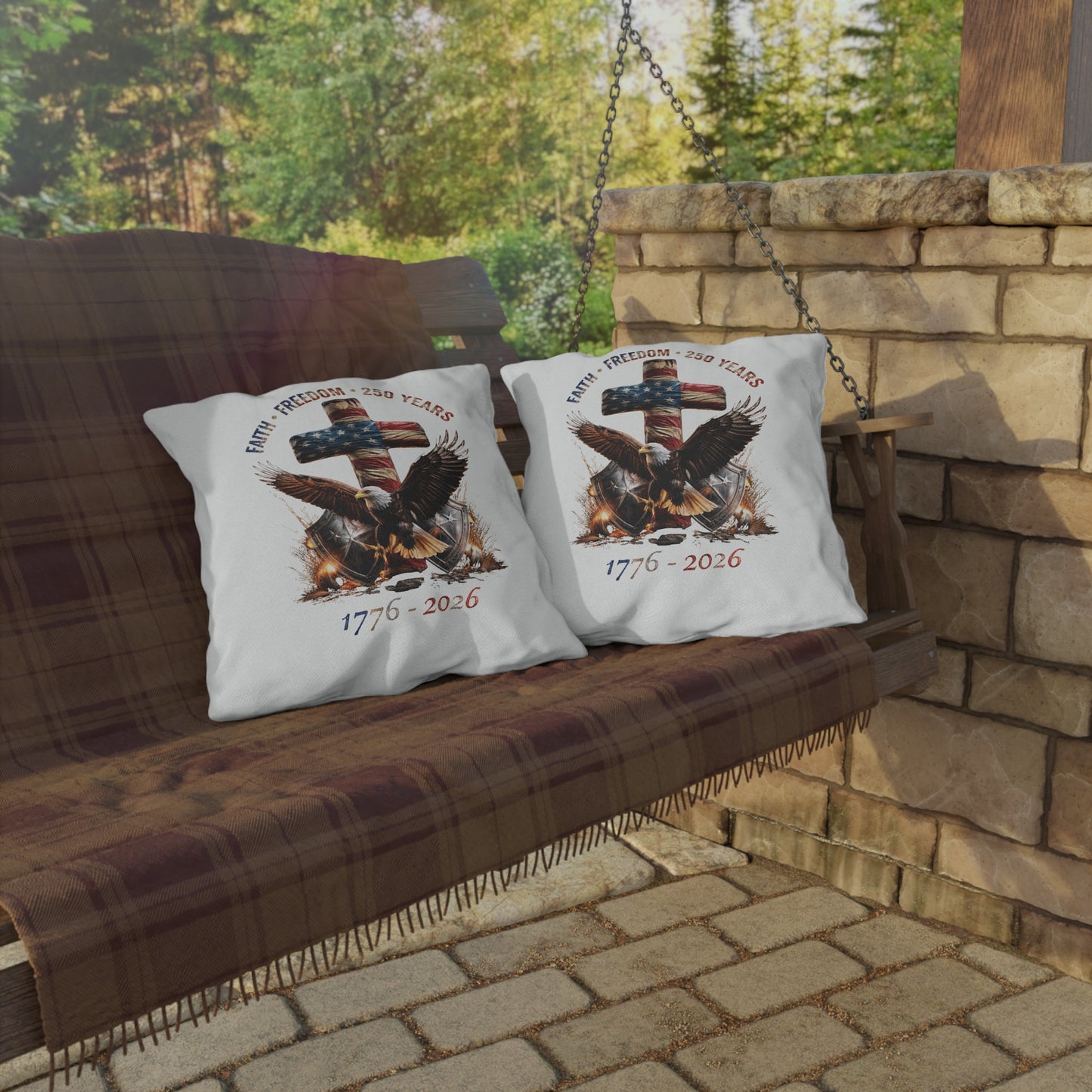 #250 Faith • Freedom 250 Years American Flag Cross & Eagle 1776-2026 Outdoor Throw Pillow