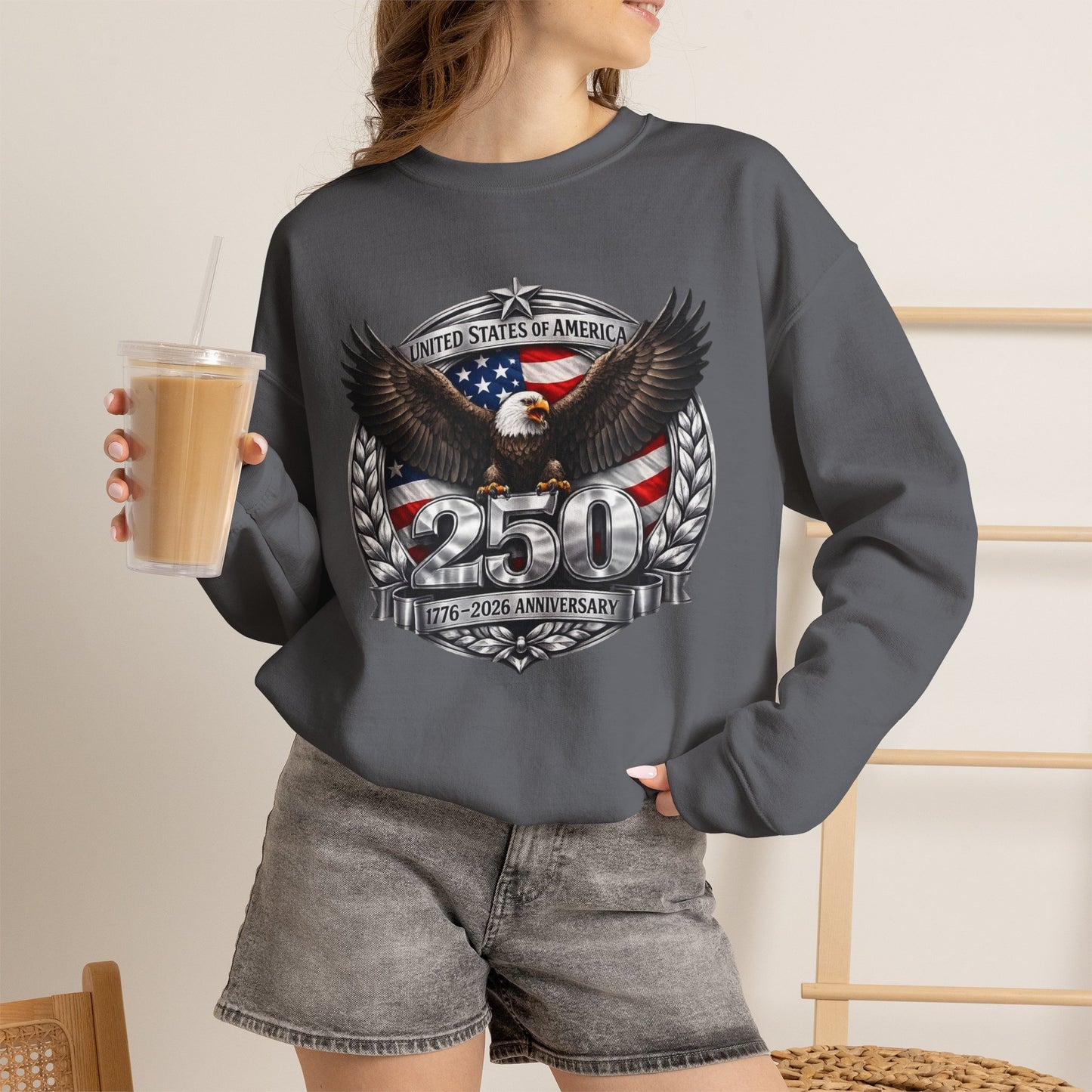 #250 Patriotic Bald Eagle 250 United States Emblem Crewneck Sweatshirt