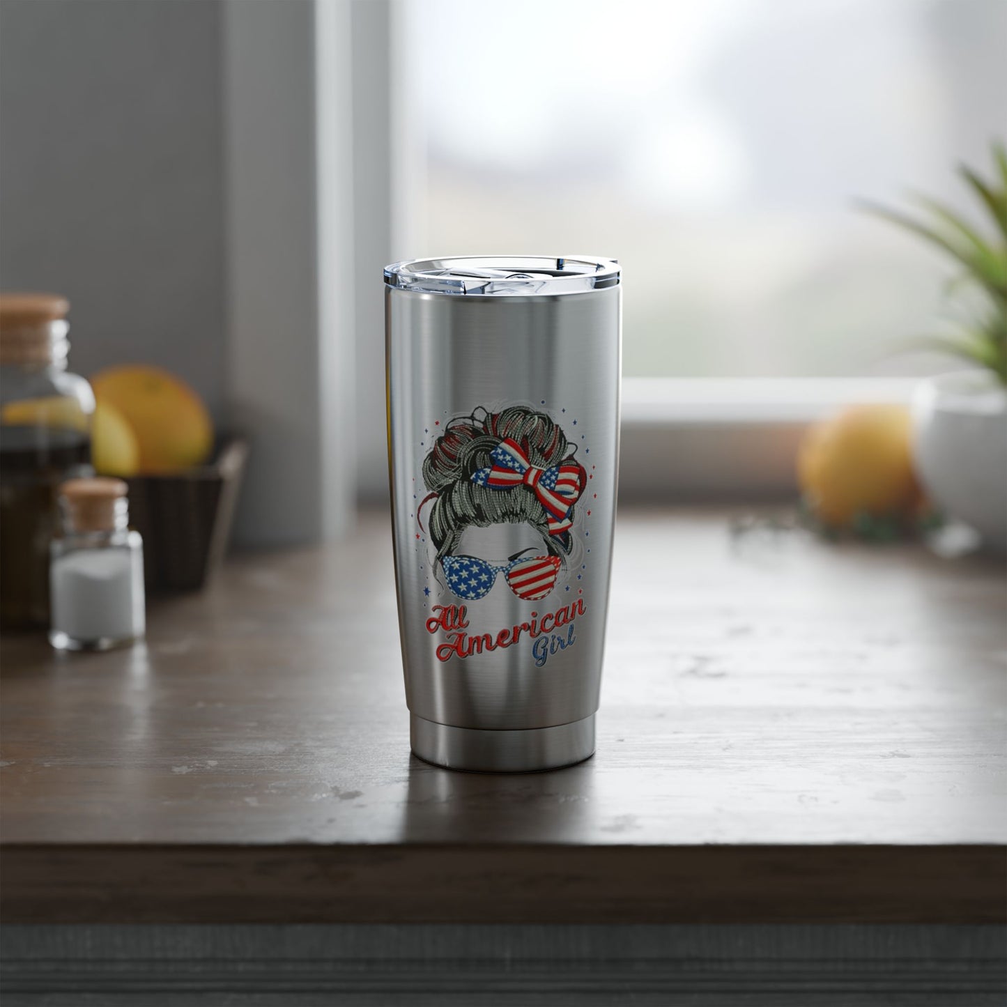 #250 "All American Girl" Patriotic Messy Bun 20oz Stainless Travel Tumbler 'Vagabond'