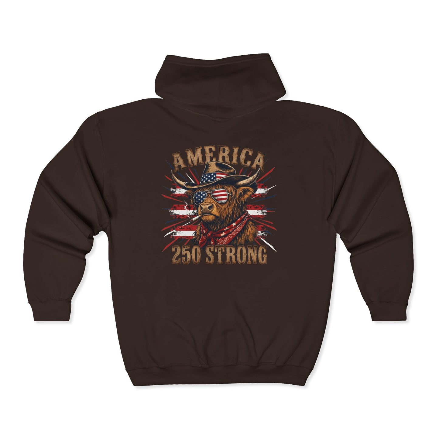 #250 America 250 Strong Patriotic Bull with American Flag Zip Hoodie