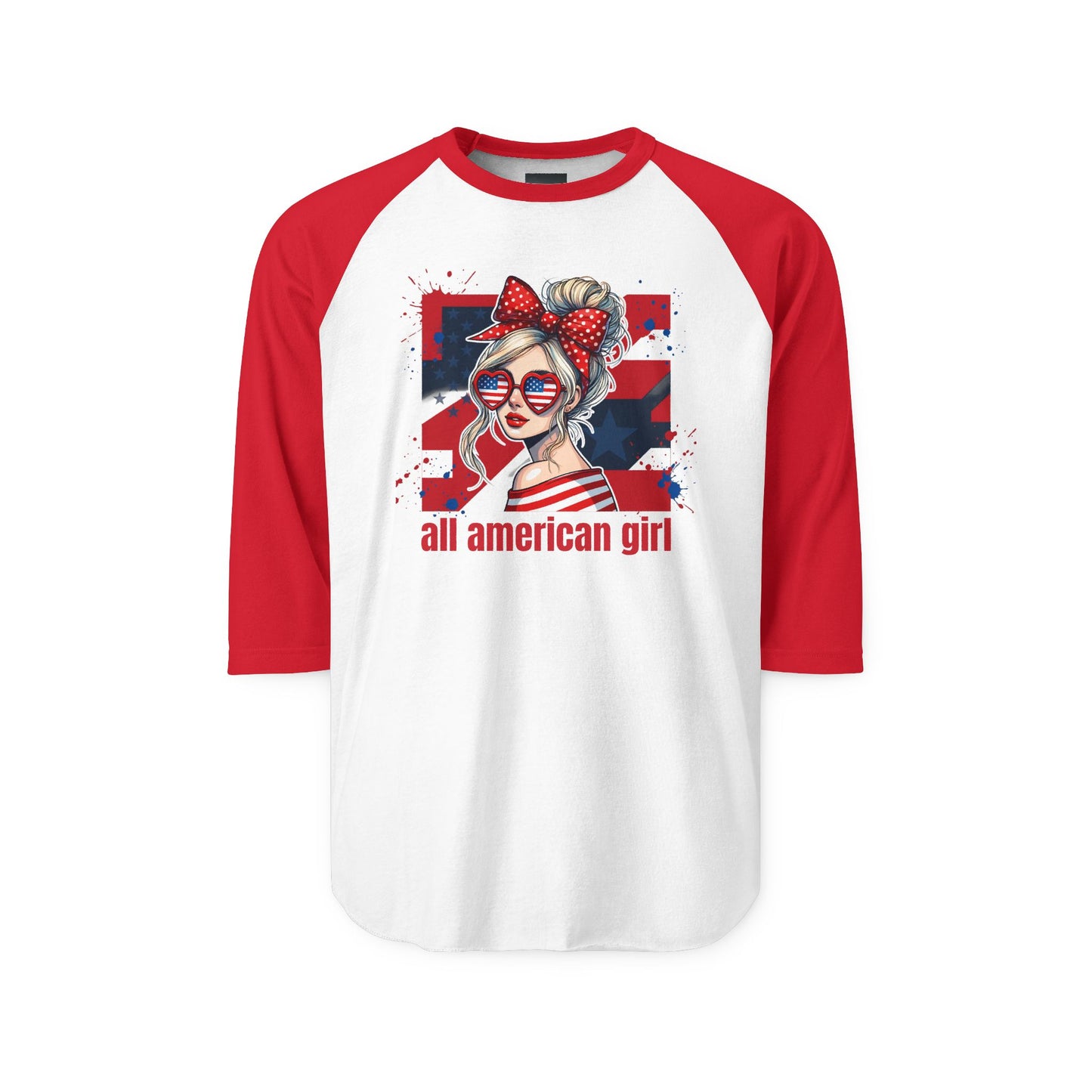 #250 All American Girl Patriotic Raglan 3/4 Sleeve Baseball Tee