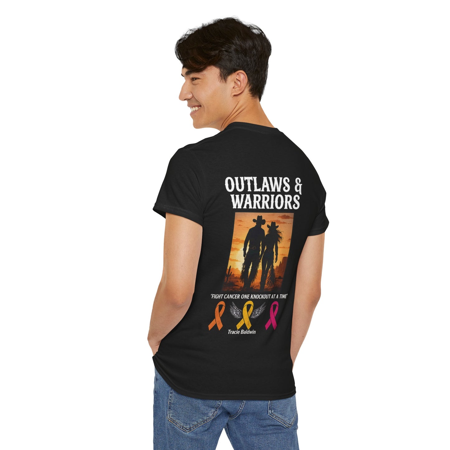 Outlaws & Warriors 100% Cotton T-Shirt — Minimal Chest Logo with Graphic On Back