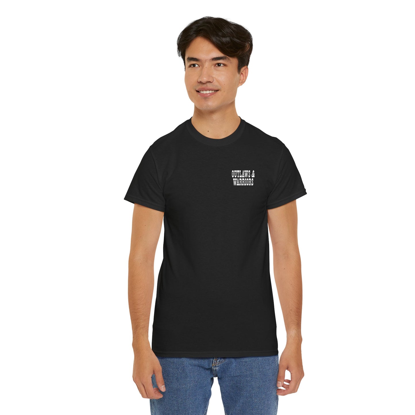 Outlaws & Warriors 100% Cotton T-Shirt — Minimal Chest Logo with Graphic On Back