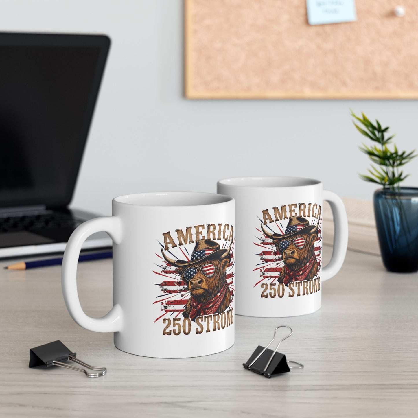 #250 America 250 Strong Patriotic Bull with American Flag Ceramic Mug - 11oz & 15oz