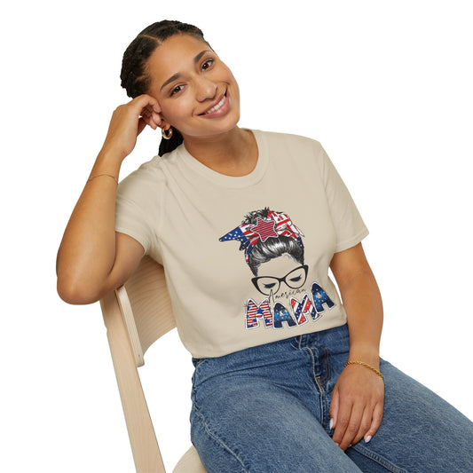 Mama USA Flag Messy Bun T-Shirt