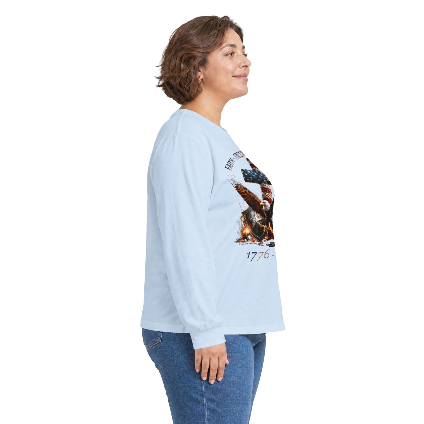 #250 Faith • Freedom 250 Years American Flag Cross & Eagle 1776-2026 Long Sleeve Tee