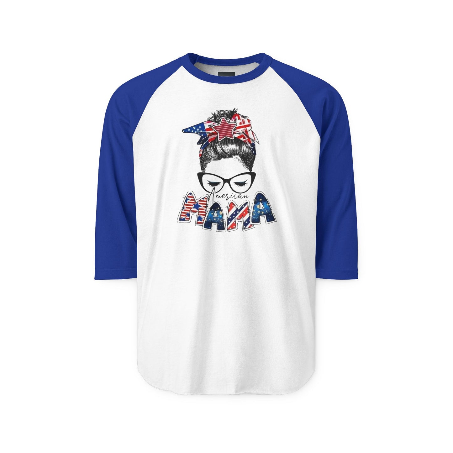 #250 Mama USA Flag Messy Bun Raglan 3/4 Sleeve Baseball Tee