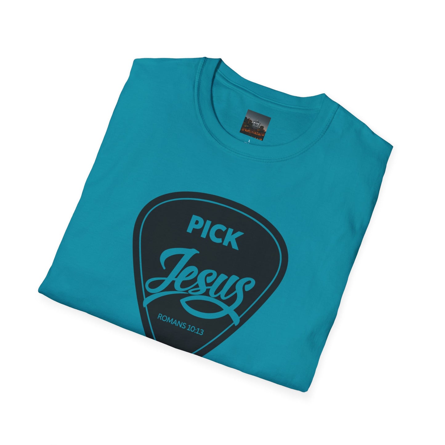 Pick Jesus T-Shirt — Christian Guitar Pick Design (Romans 10:13)