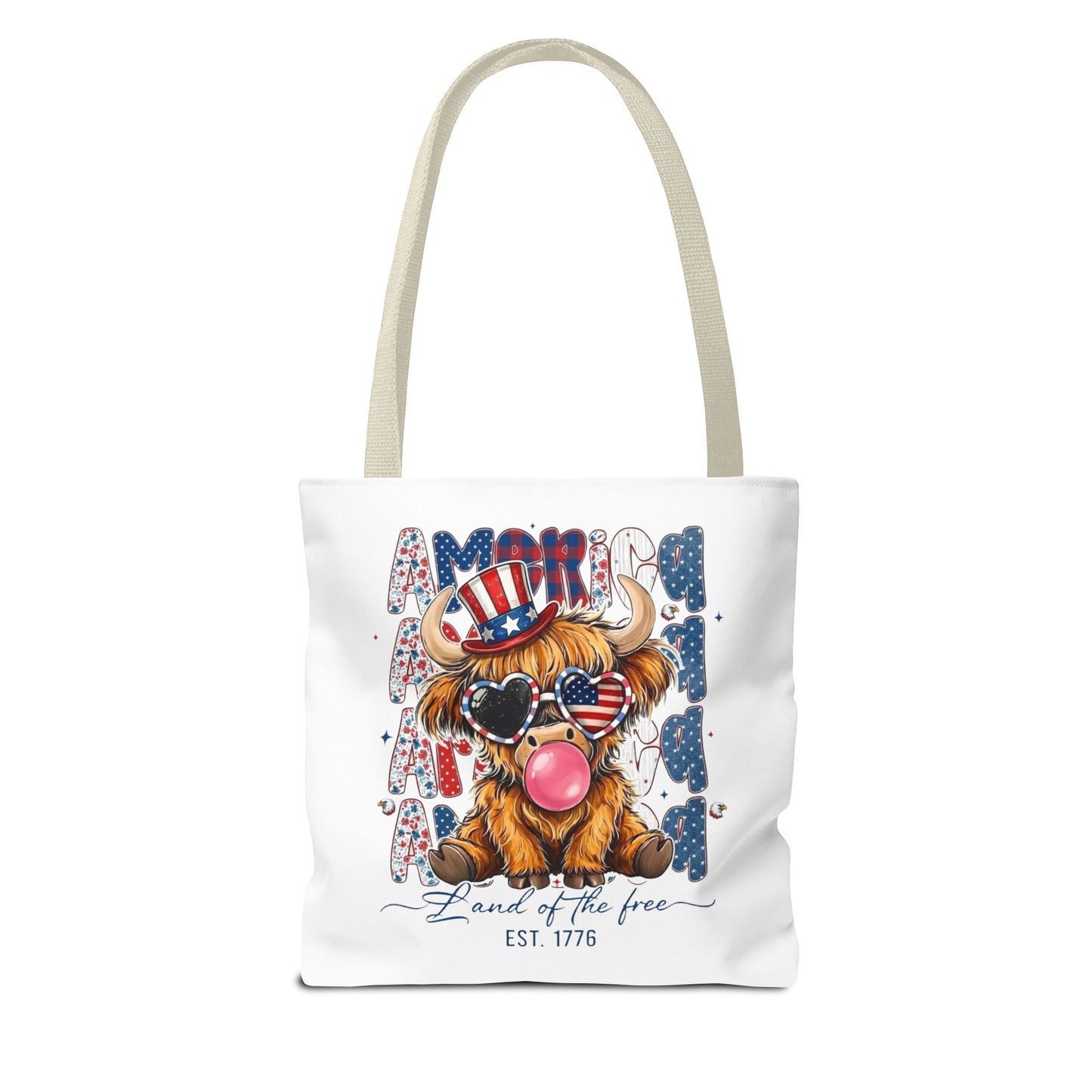 #250 American Flag Bubblegum Patriotic Highland Cow Tote Bag