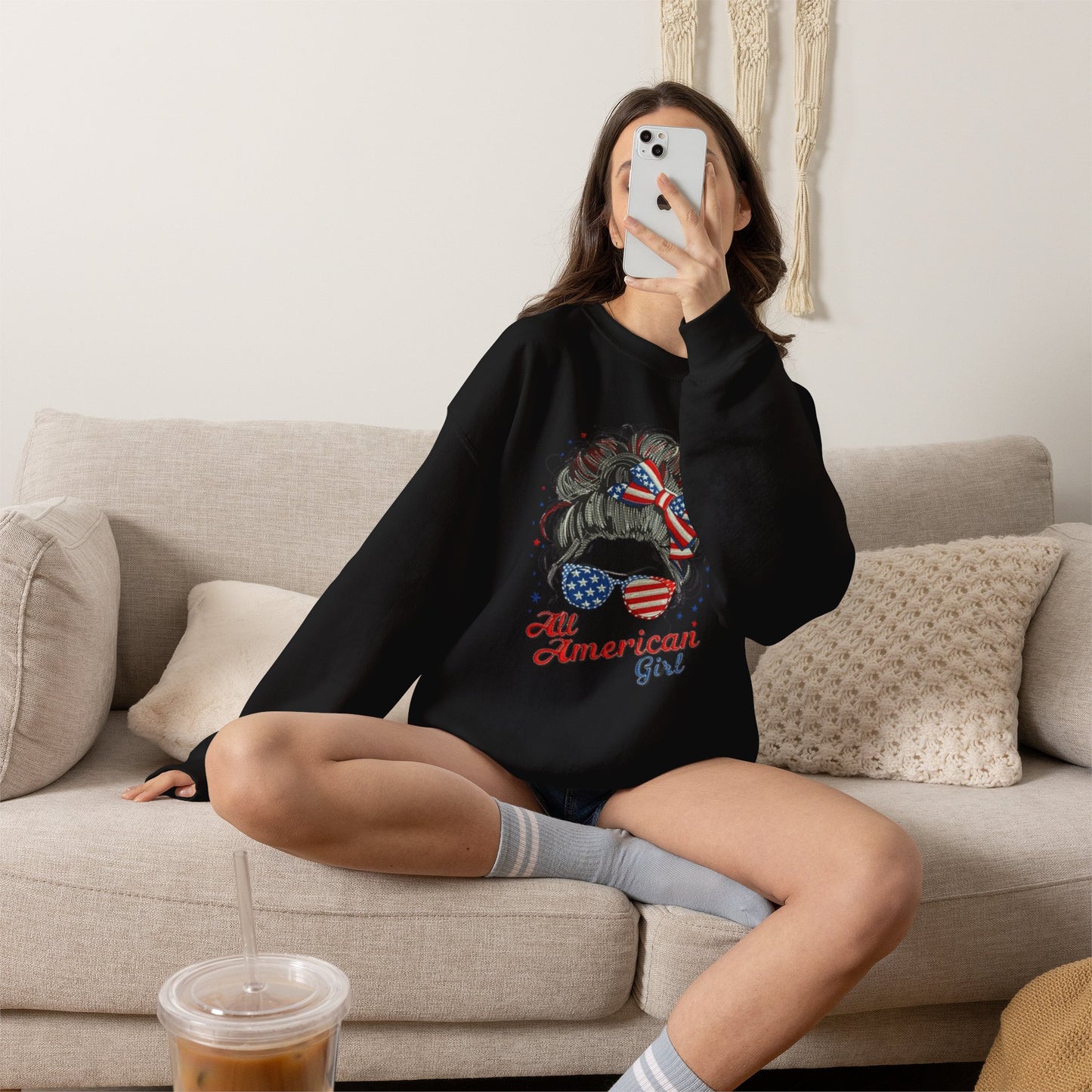 #250 "All American Girl" Patriotic Messy Bun Sweatshirt