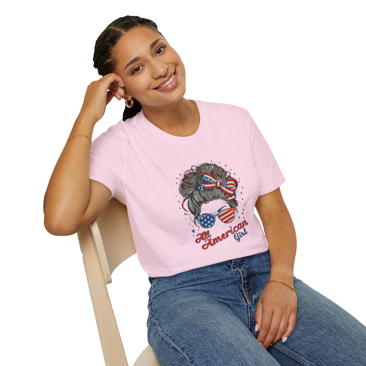 #250 "All American Girl" Patriotic Messy Bun T-Shirt