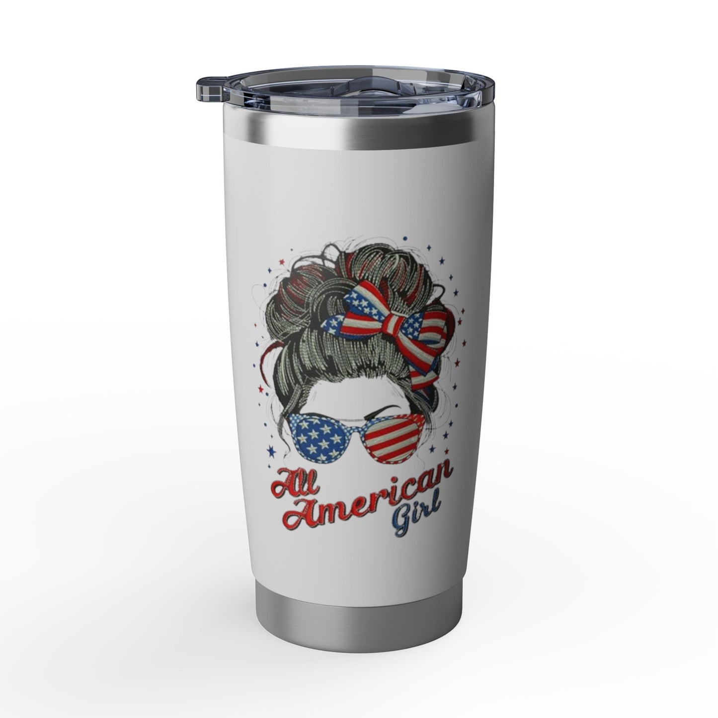 #250 "All American Girl" Patriotic Messy Bun 20oz Stainless Travel Tumbler 'Vagabond'